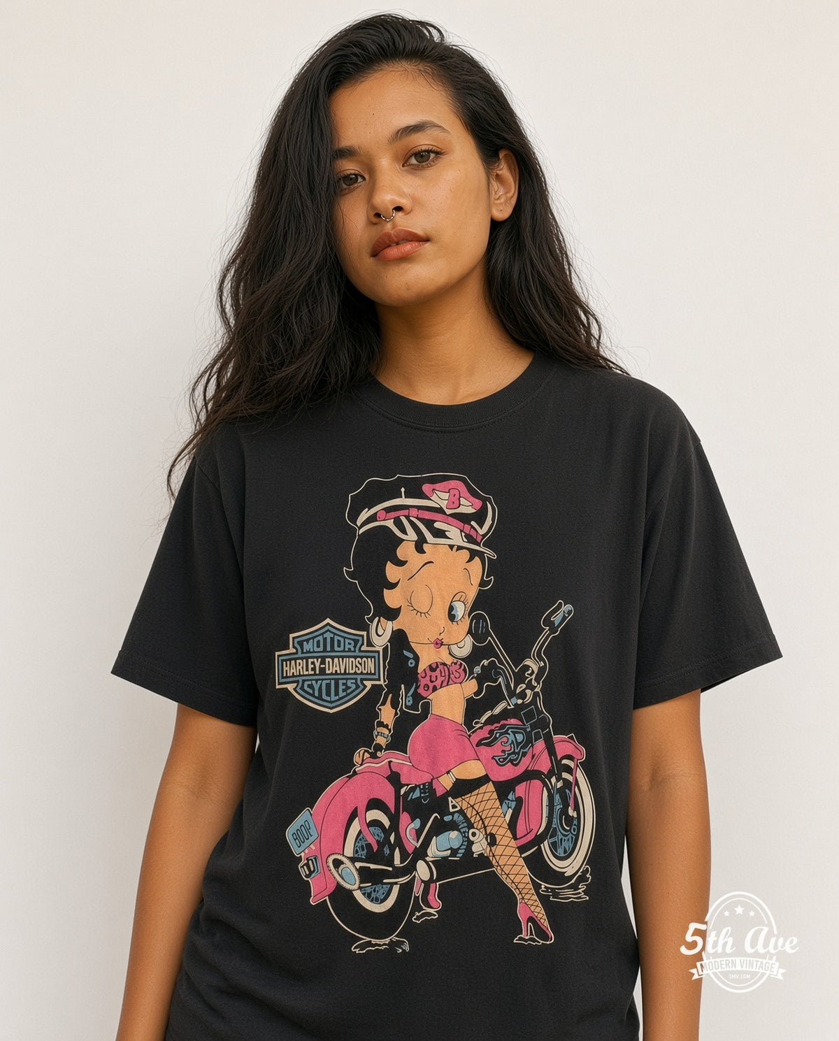 Model wearing the Betty Boop Harley Davidson graphic tee
