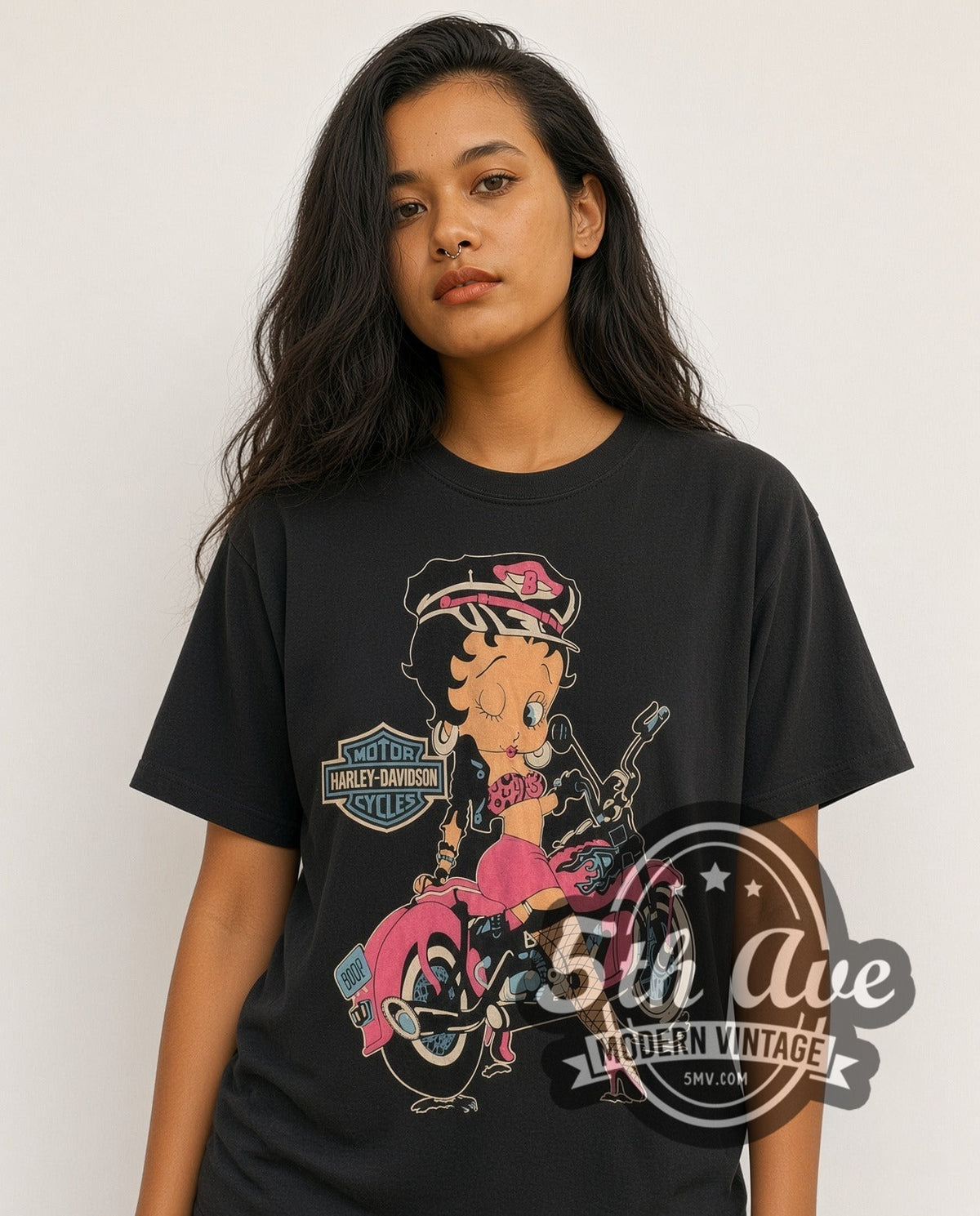 Model wearing the Betty Boop Harley Davidson vintage Harley tee