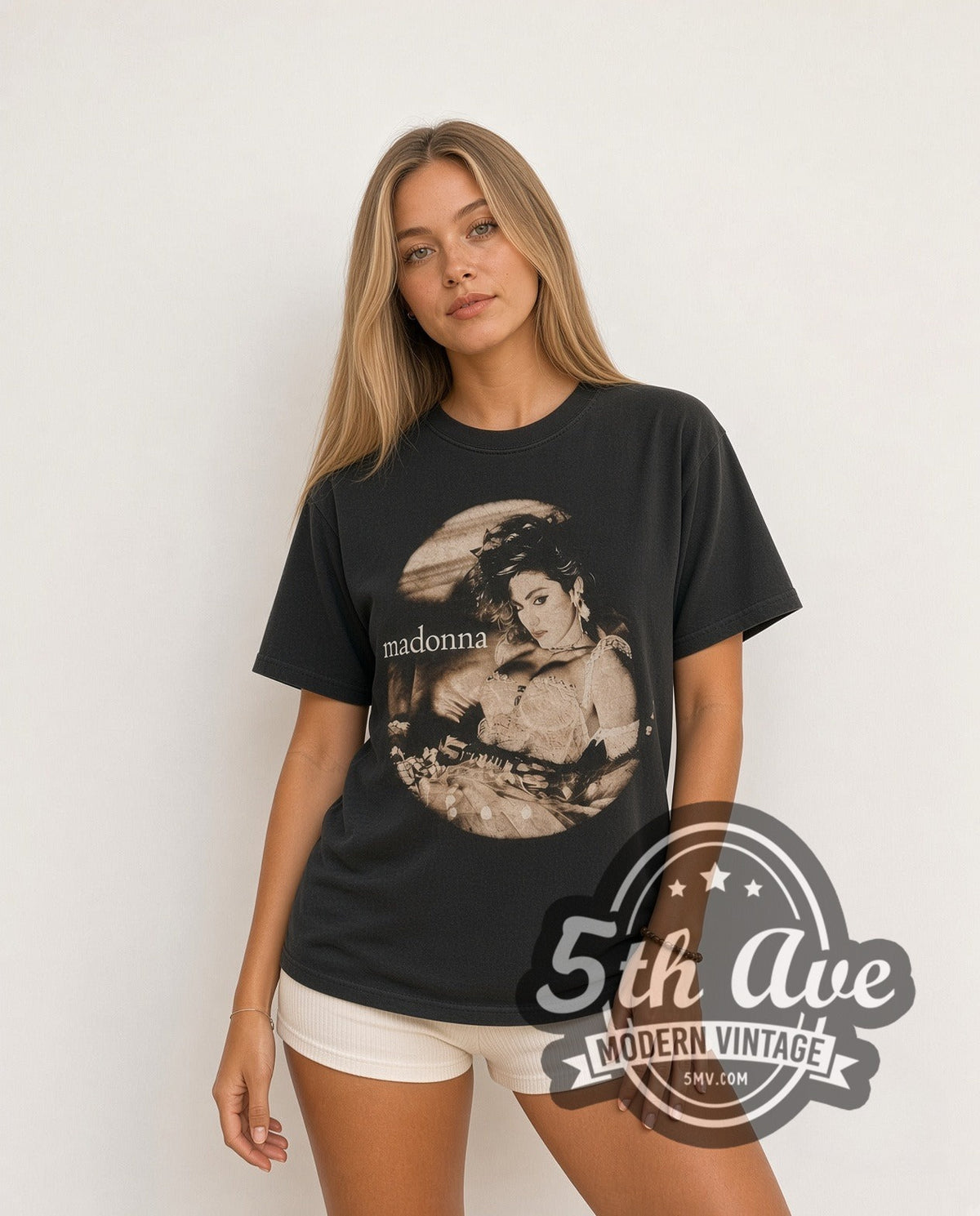 Model wearing the Madonna Virgin Tour 1985 Lace Portrait vintage band t-shirt
