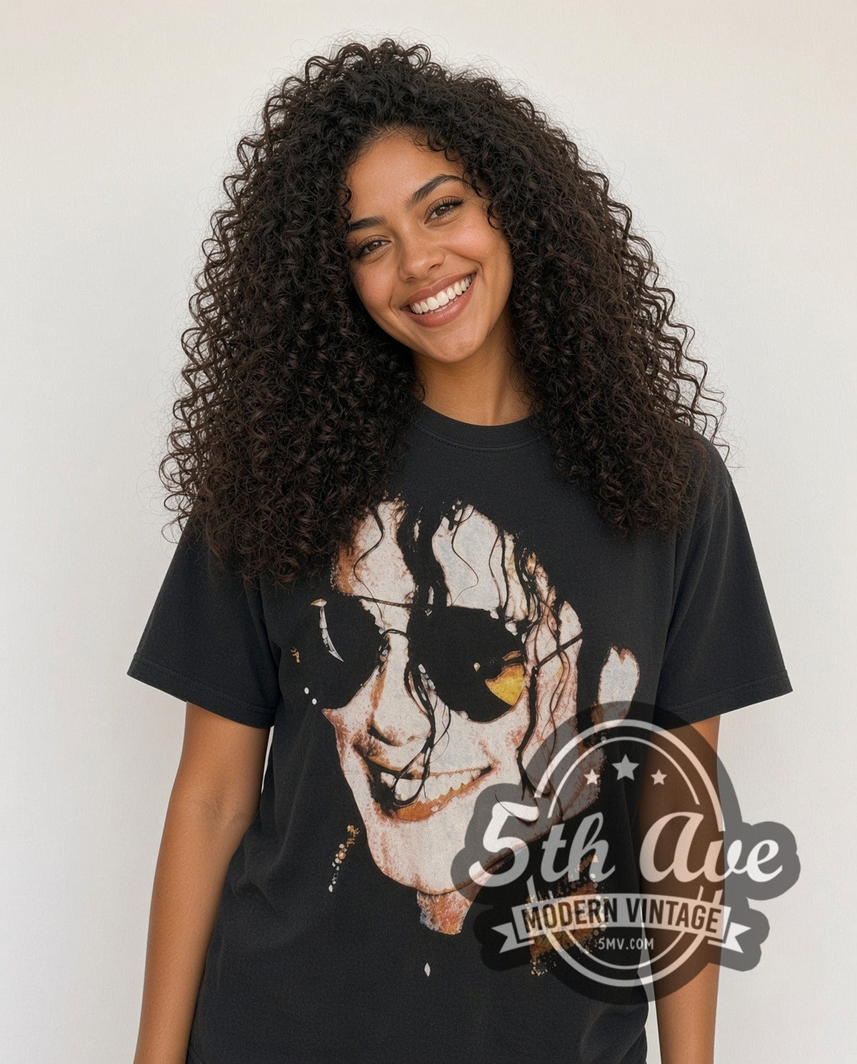 Model wearing the Michael Jackson Dangerous World Tour Mexico Sunglasses vintage band t-shirt