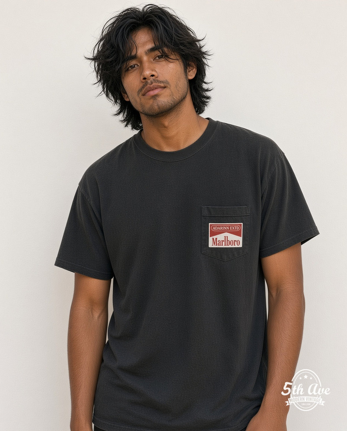 Model wearing the Marlboro Train graphic tee