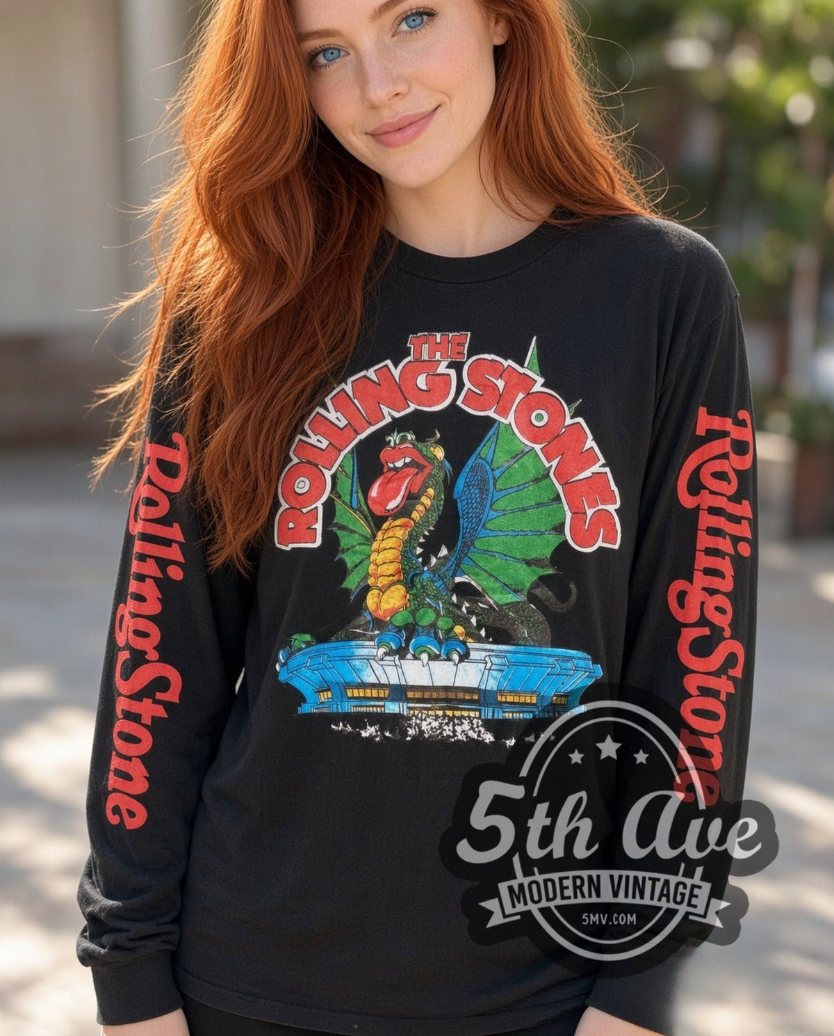 Model wearing The Rolling Stones Dragon Stadium vintage band long sleeve t-shirt