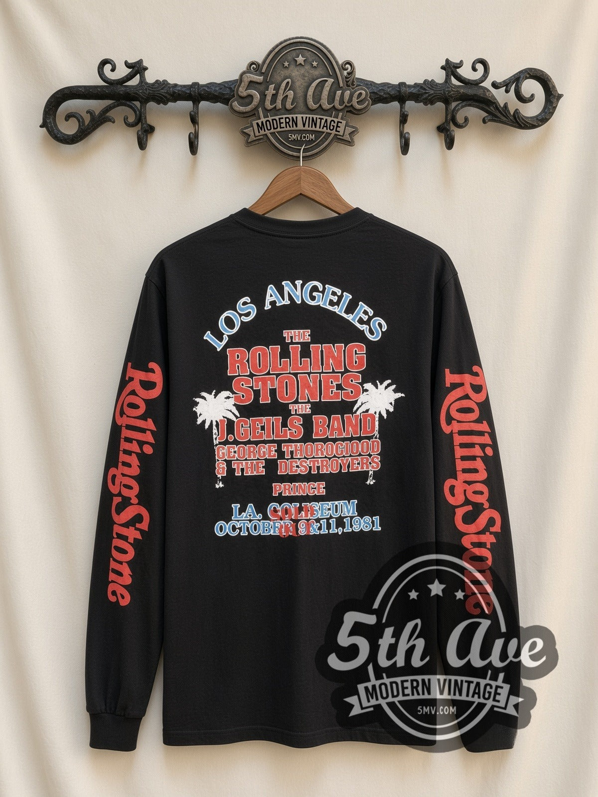 The Rolling Stones Dragon Stadium vintage band long sleeve t-shirt, back view on a display rack