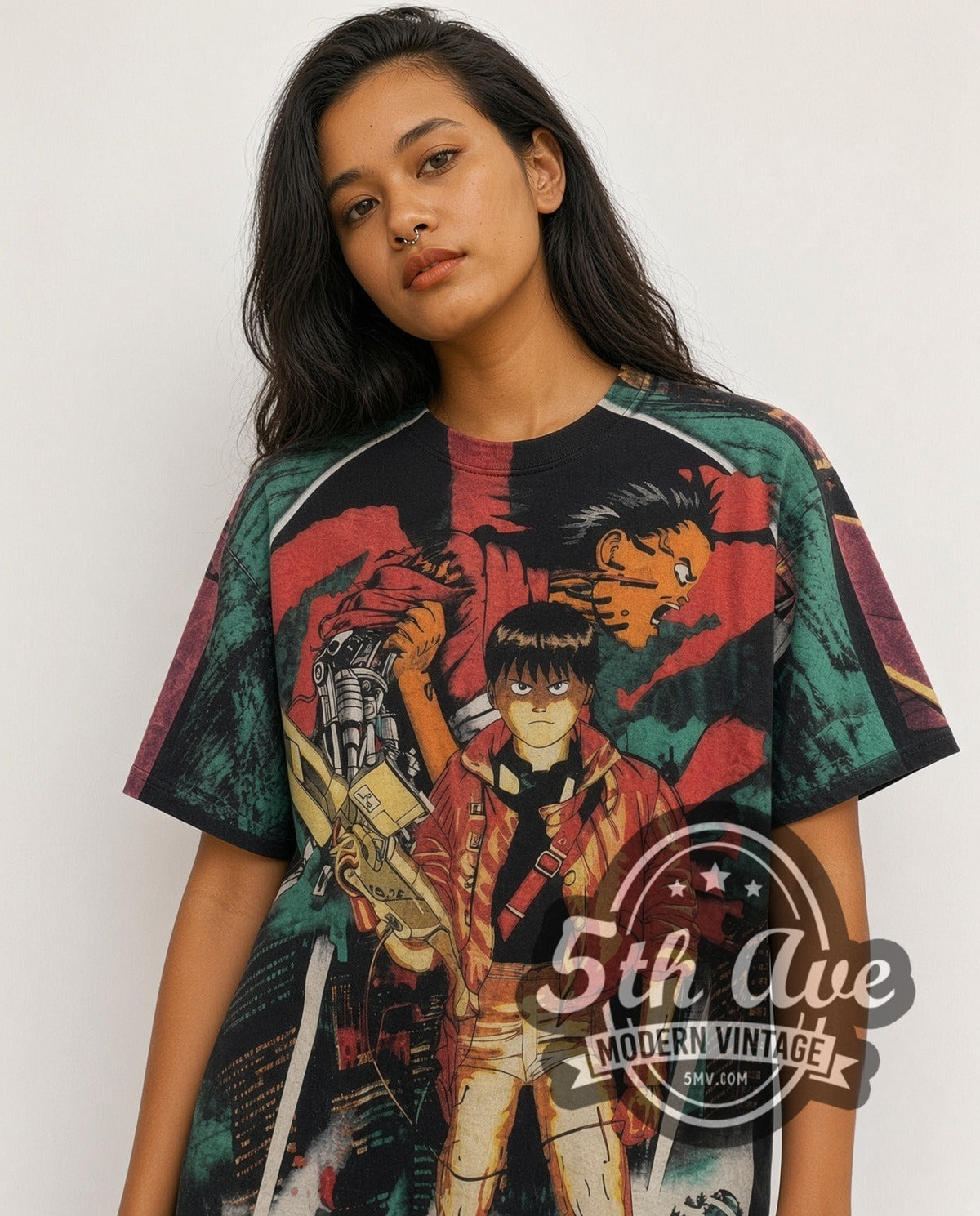 Model wearing the Akira all-over-print vintage anime tee
