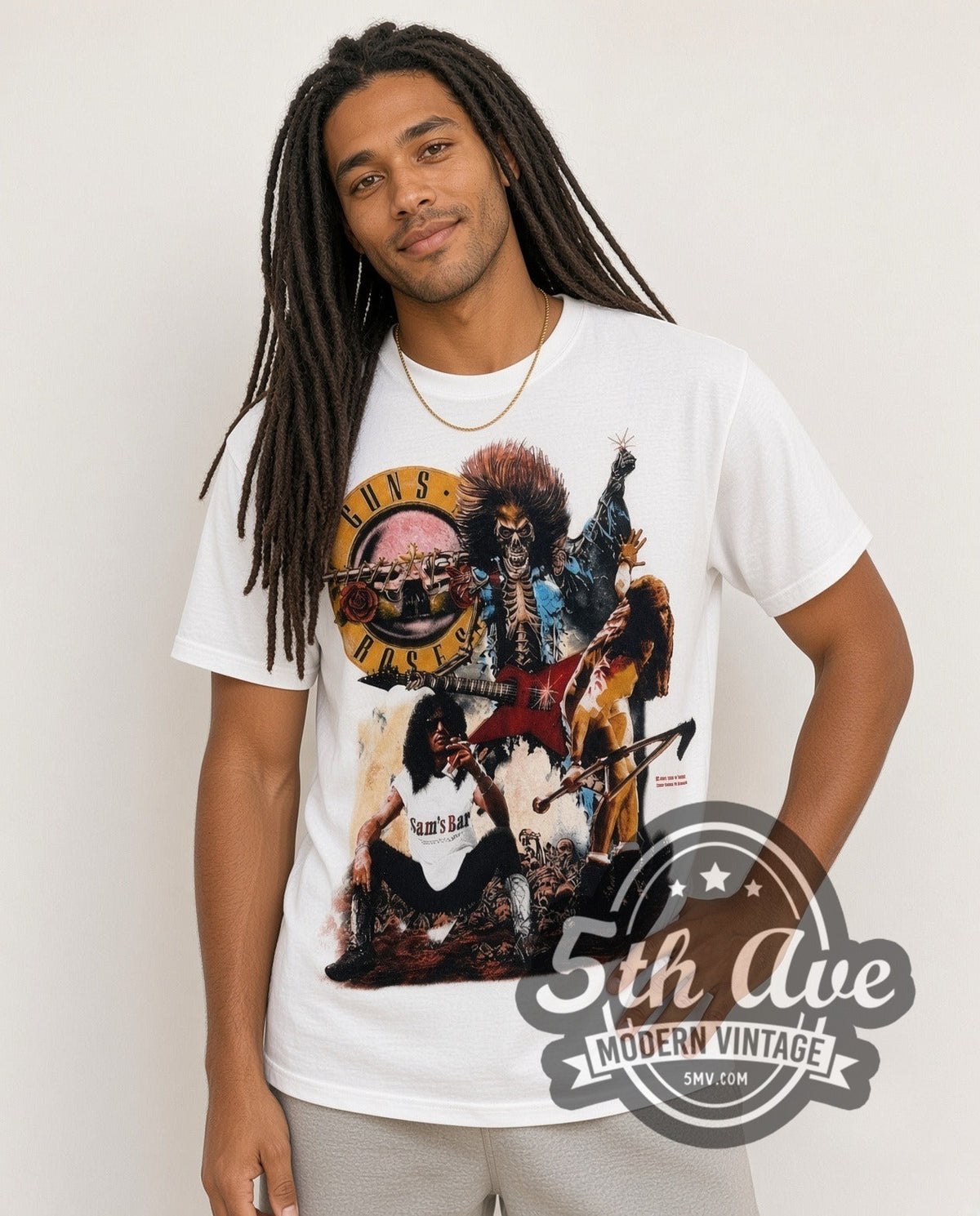 Model wearing the Guns N Roses Appetite Circle vintage band t-shirt in white