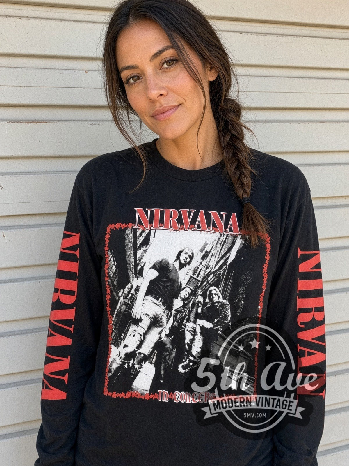 Model wearing the Nirvana In Concert vintage band long sleeve t-shirt