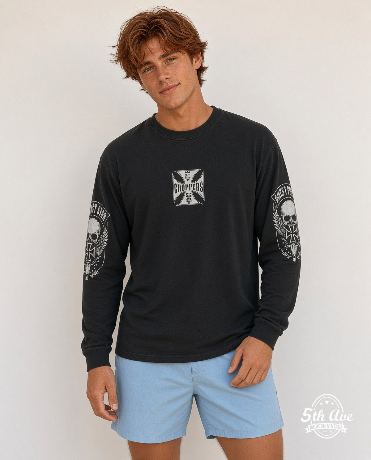 Model wearing the West Coast Choppers Spiderweb Iron Cross West Side long sleeve t-shirt
