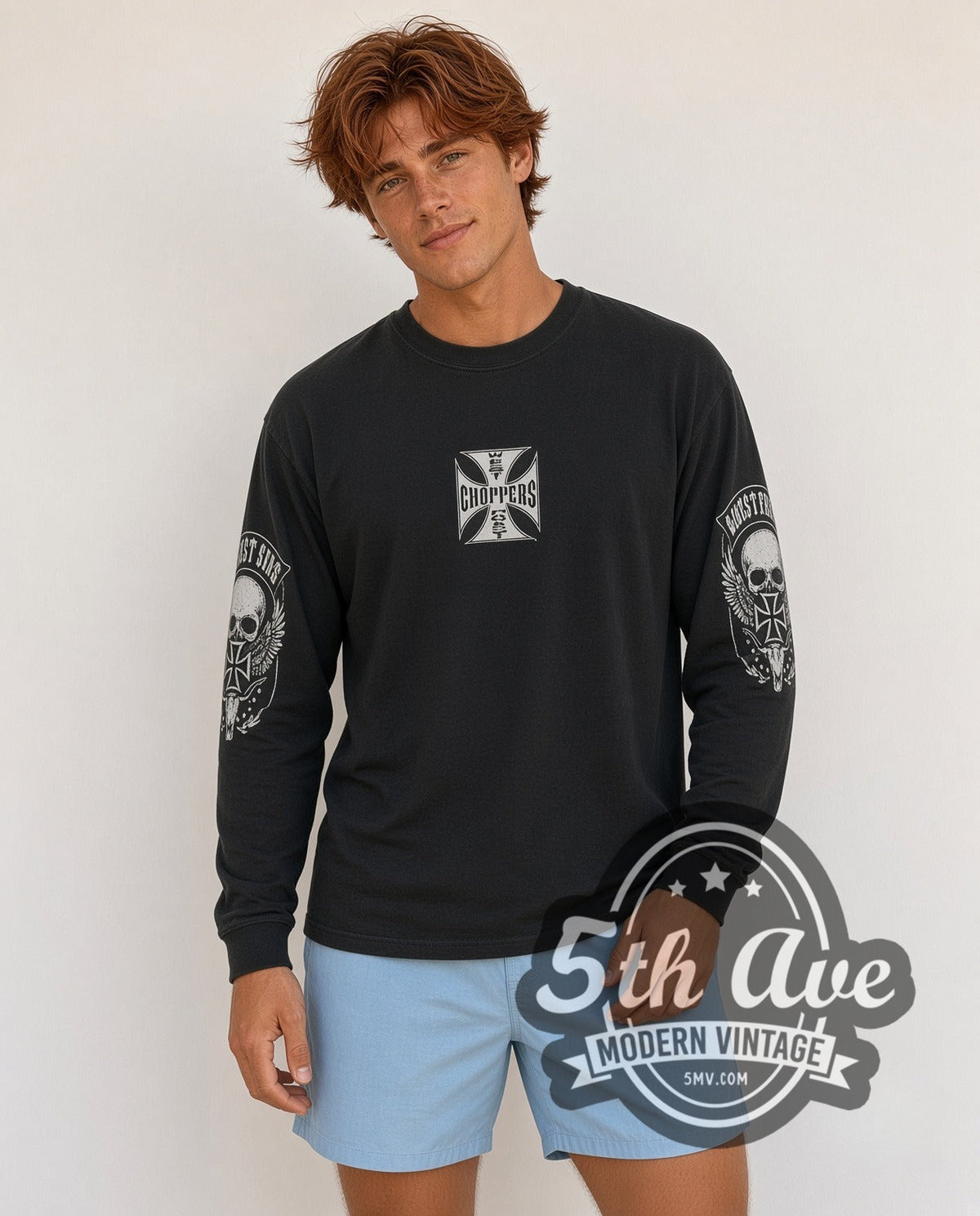 Model wearing the West Coast Choppers Spiderweb Iron Cross West Side vintage biker long sleeve t-shirt