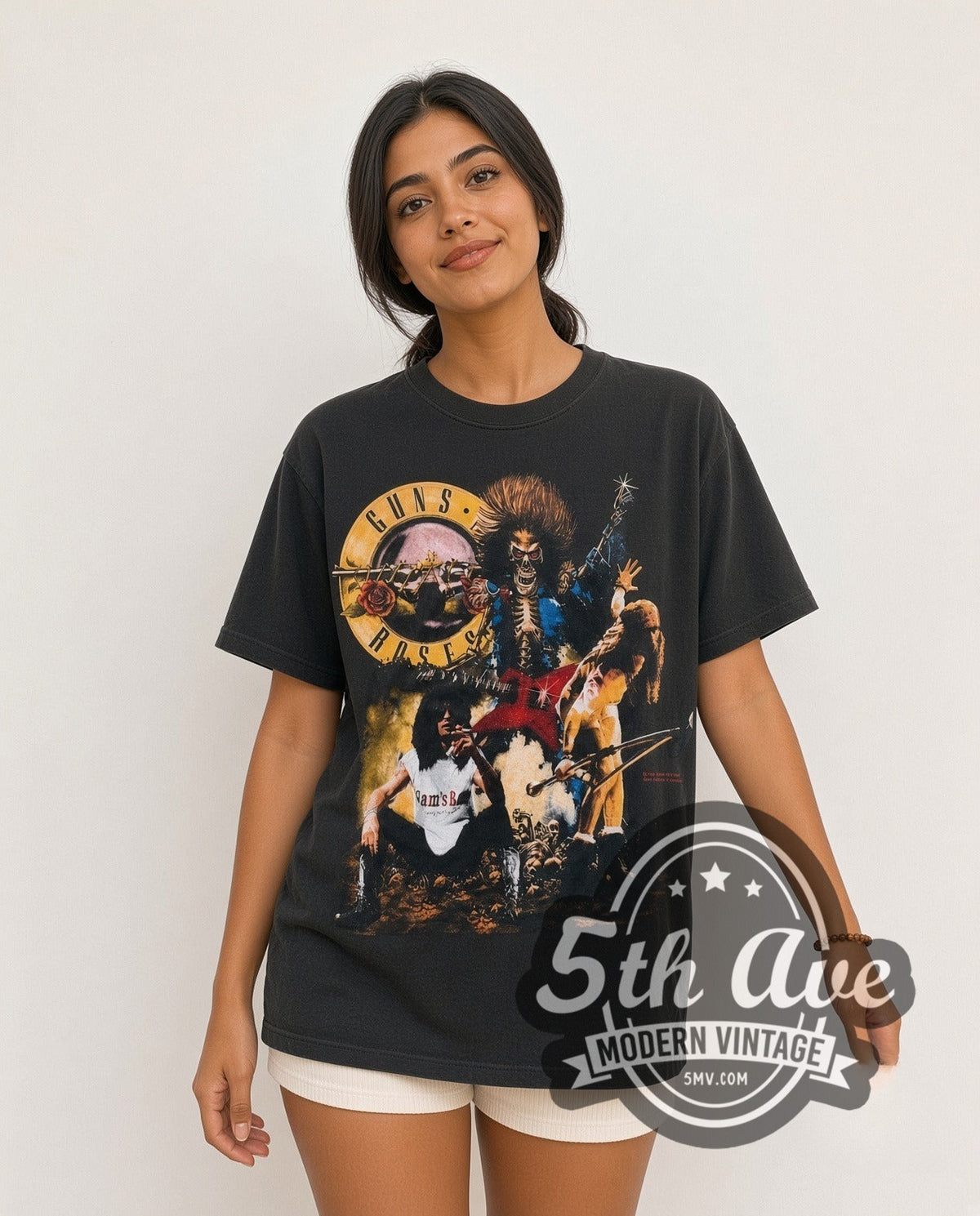 Model wearing the Guns N Roses Appetite Circle vintage band t-shirt in black