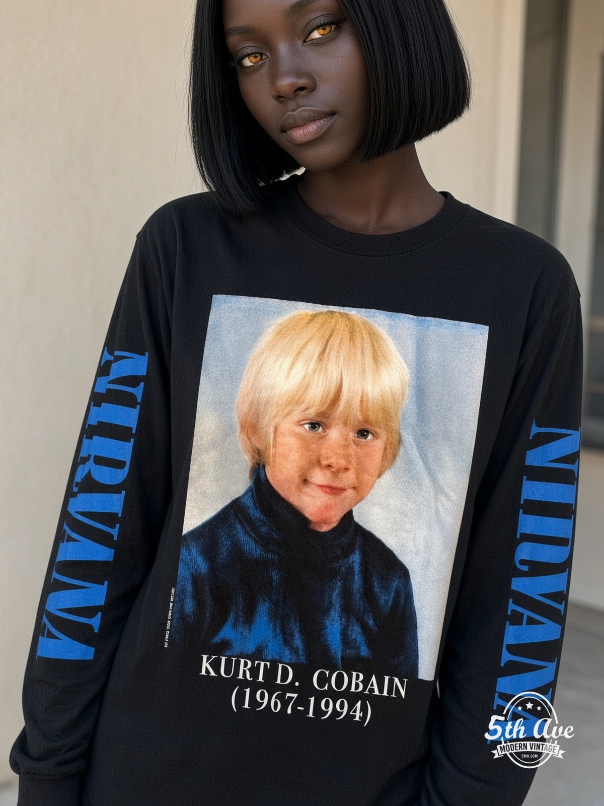 ETS LS 58 Nirvana Kurt D. Cobain 1967-1994 Childhood long sleeve vintage tee worn by a model