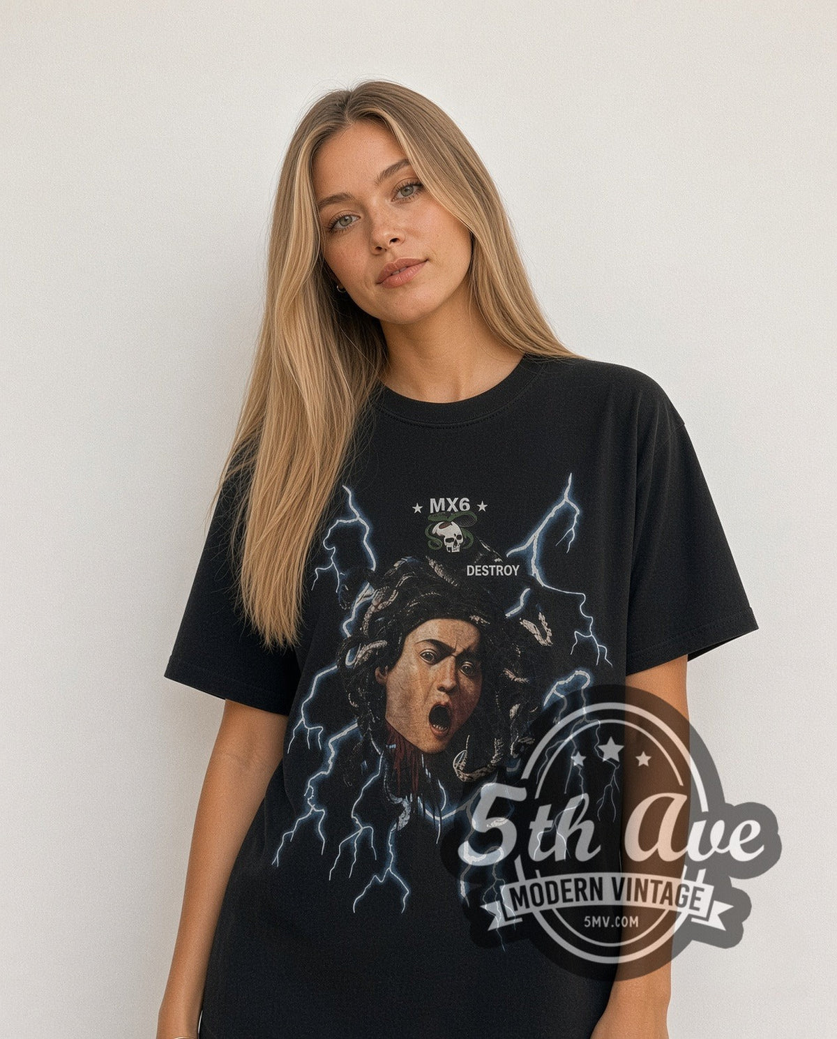 Model wearing the Saint Medusa MX6 Destroy vintage graphic tee