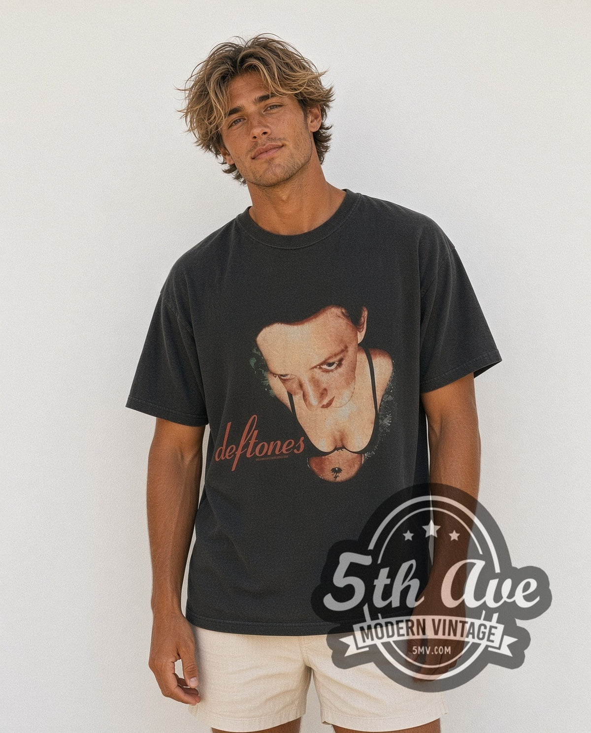 Model wearing the Deftones Around the Fur Red Script Logo vintage band t-shirt