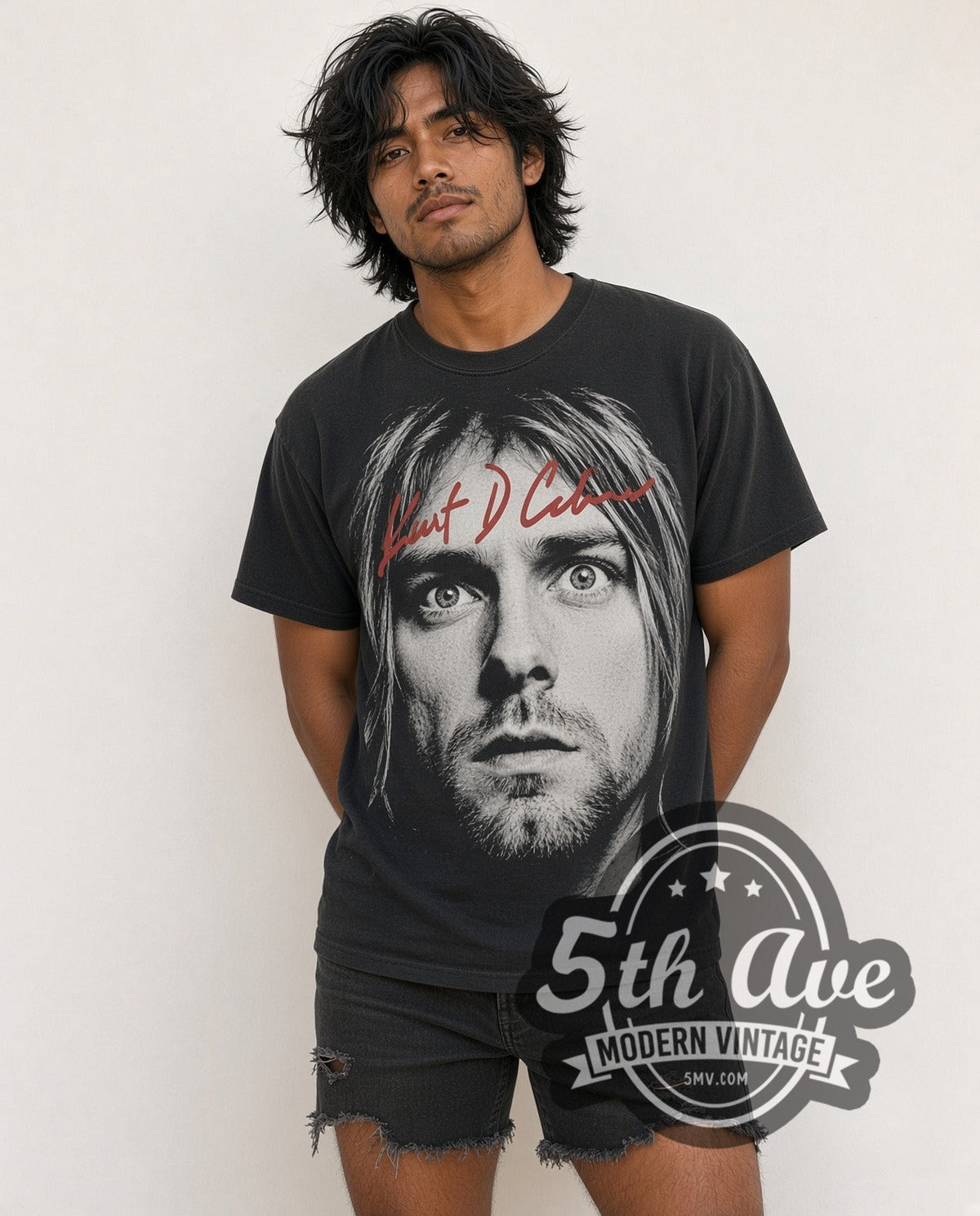 Model wearing the Kurt Cobain Wide Eyes vintage band t-shirt