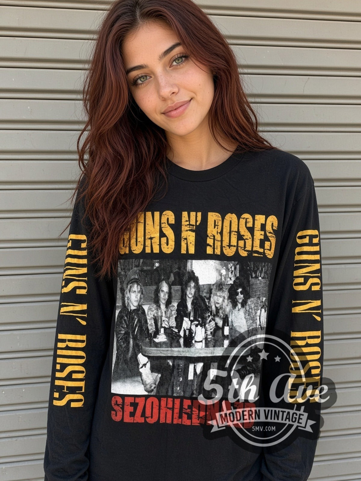 Model wearing the Guns N' Roses Band Table Photo vintage band long sleeve t-shirt