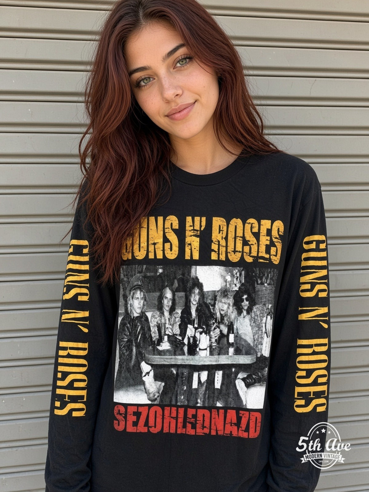 ETS LS 59 Guns N' Roses Band Table Photo long sleeve vintage tee worn by a model