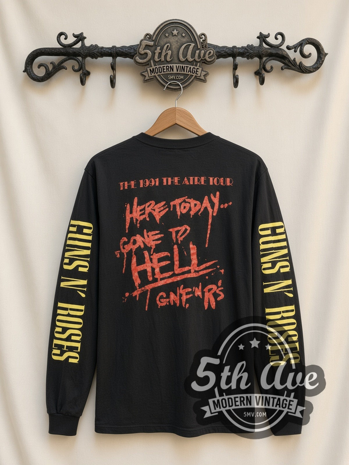 Guns N' Roses Band Table Photo vintage band long sleeve t-shirt, back view on a display rack