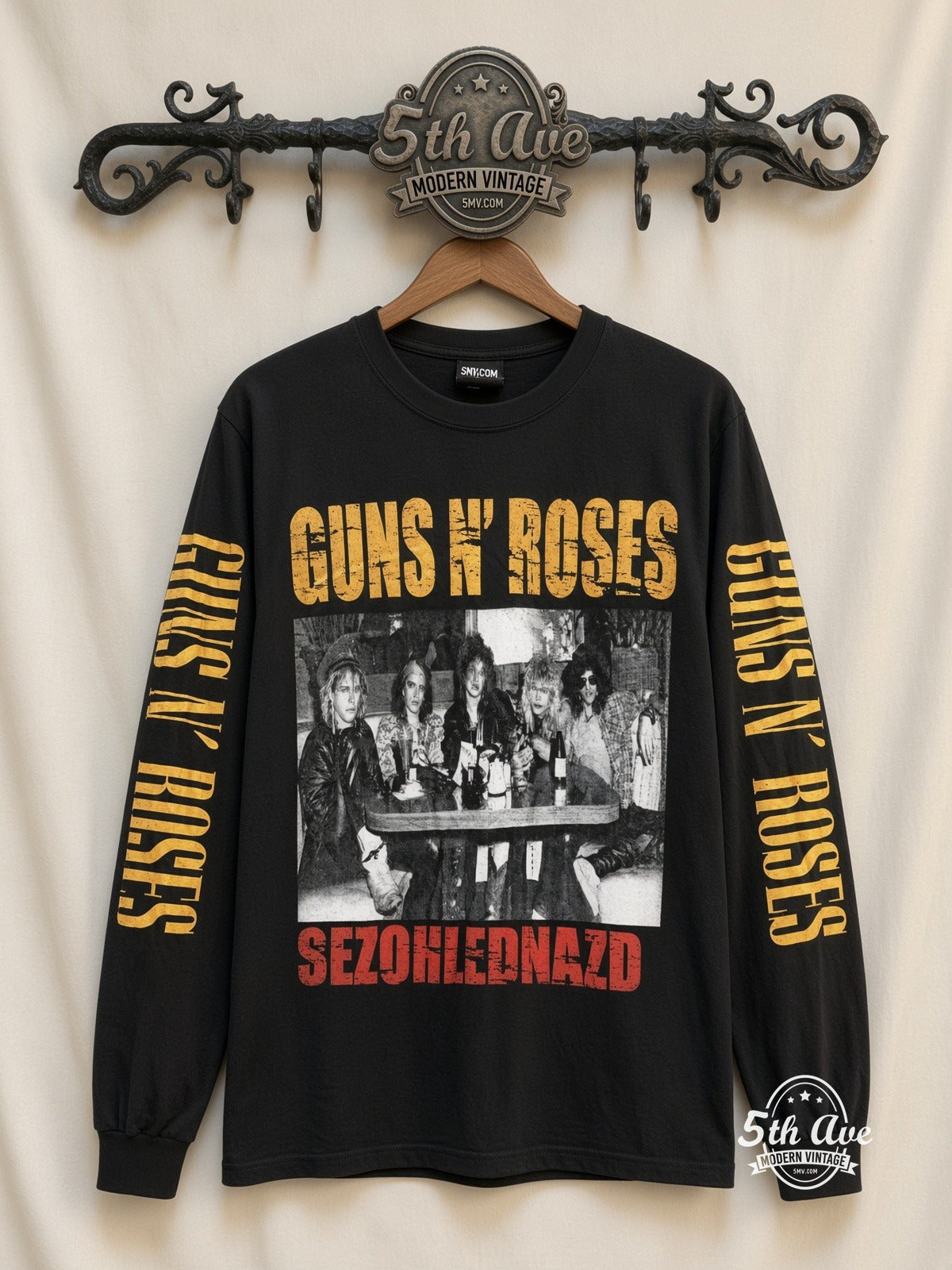 ETS LS 59 Guns N' Roses Band Table Photo long sleeve vintage tee on rack, front