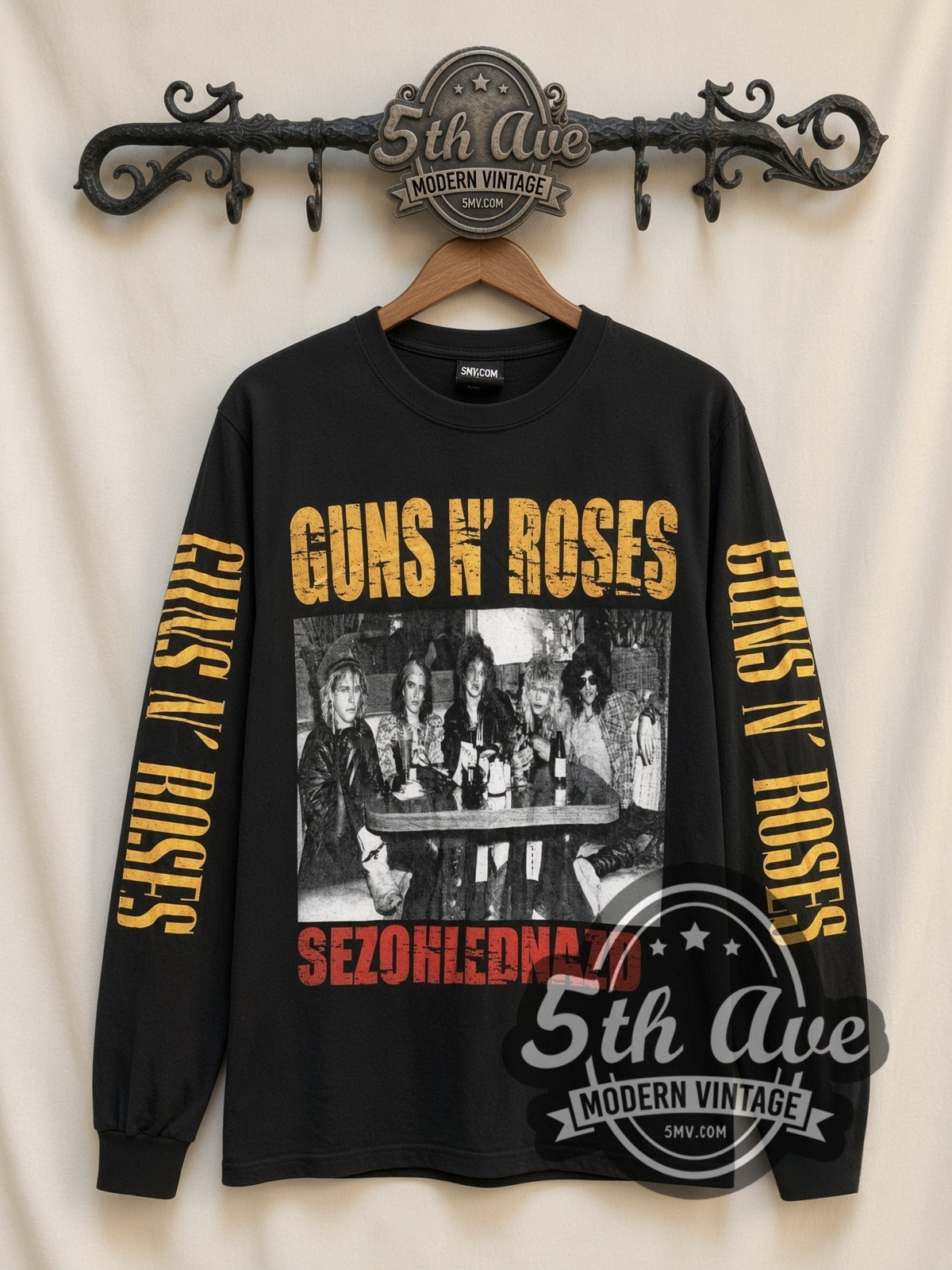Guns N' Roses Band Table Photo vintage band long sleeve t-shirt, front view on a display rack