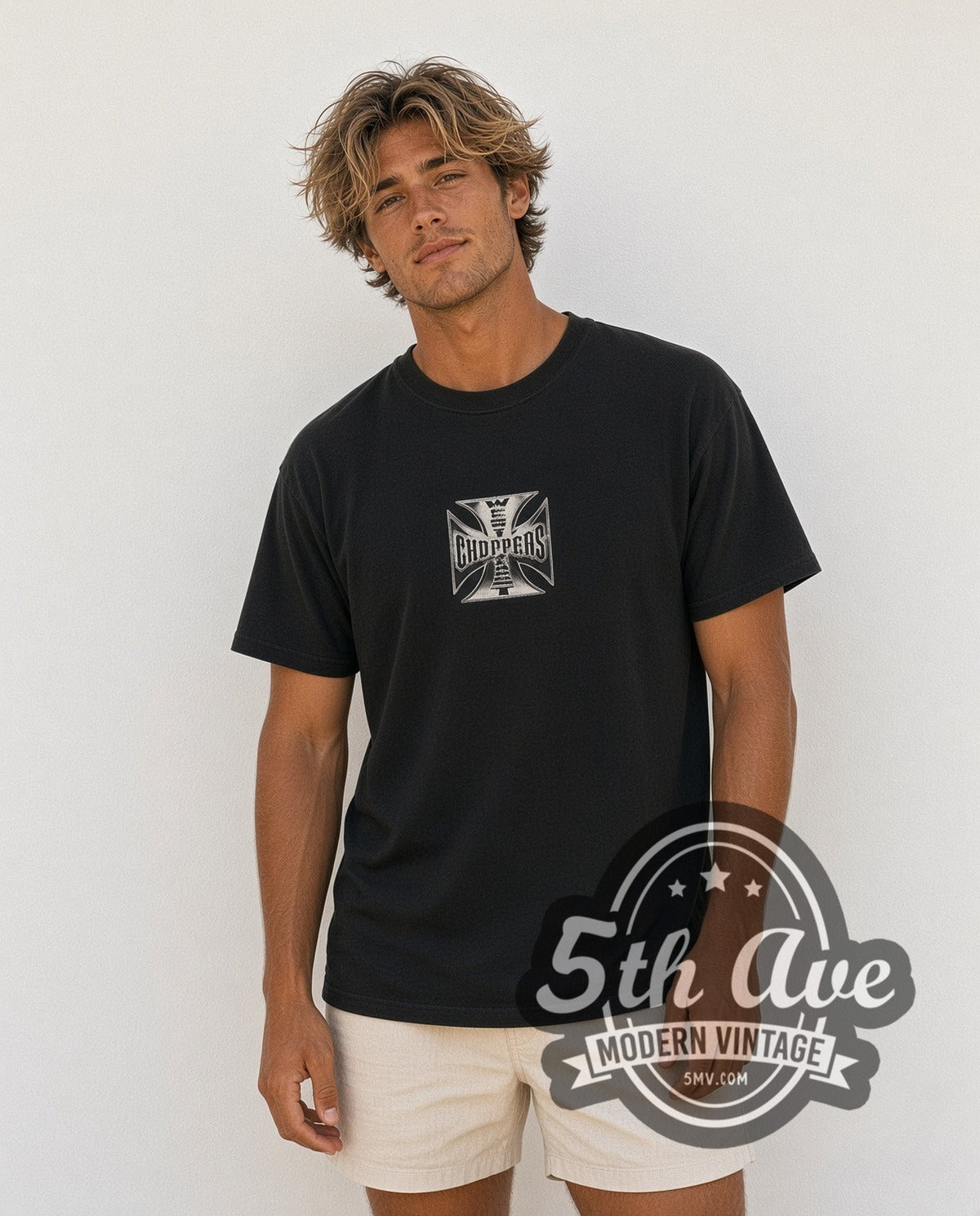 Model wearing the West Coast Choppers Purple Hot Rod Long Beach Back vintage biker tee
