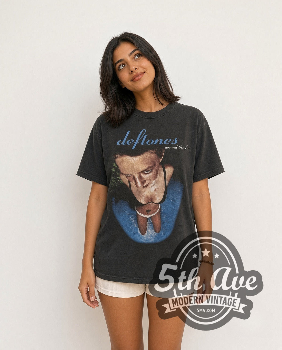Model wearing the Deftones Around the Fur Blue Logo Album Cover vintage band t-shirt