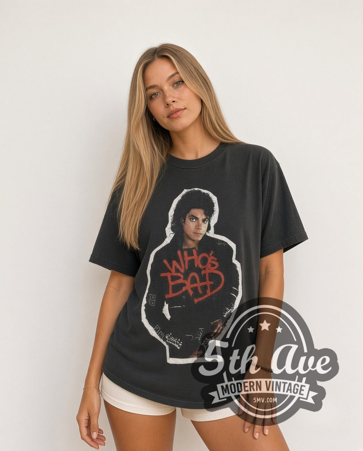 Model wearing the Michael Jackson Bad Tour vintage band t-shirt