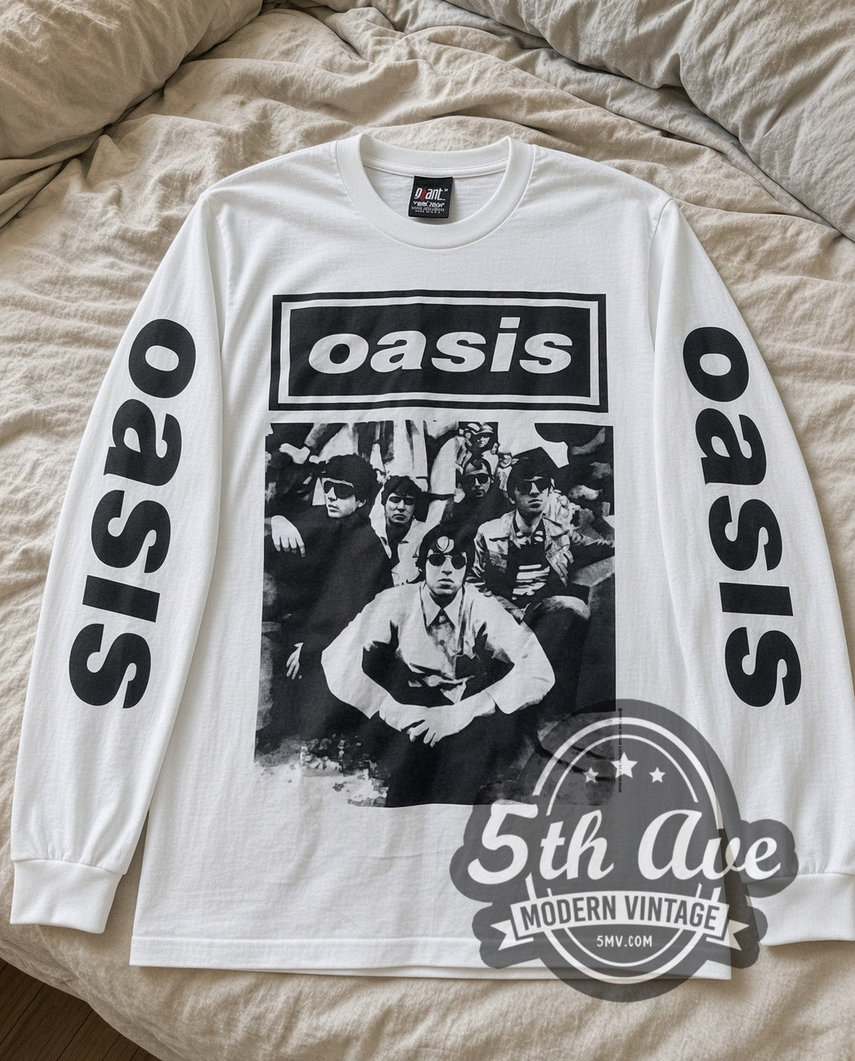 Oasis Band Photo vintage band long sleeve tee in white laid flat