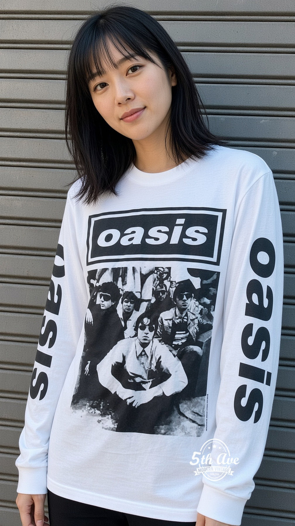 ETS LS 60 Oasis Band Photo long sleeve vintage tee worn by a model