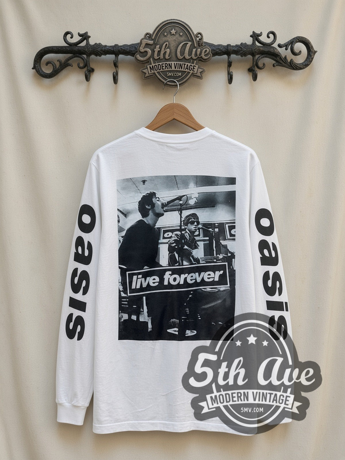 Oasis Band Photo vintage band long sleeve t-shirt in white, back view on a display rack