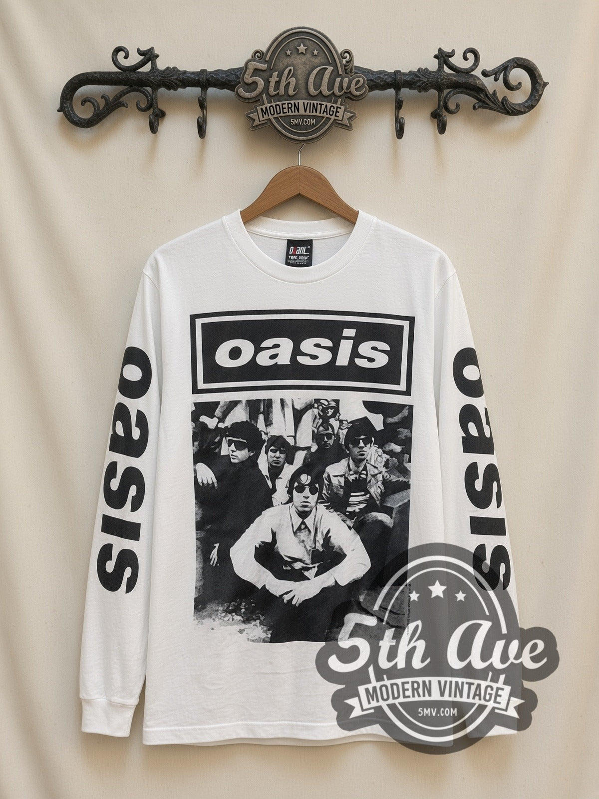 Oasis Band Photo vintage band long sleeve t-shirt in white, front view on a display rack
