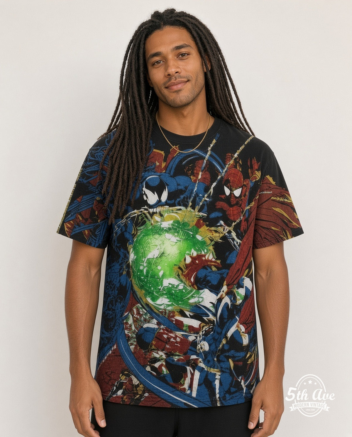 Model wearing the Spider-Man Night of Chaos vs Venom all-over-print vintage cartoon tee