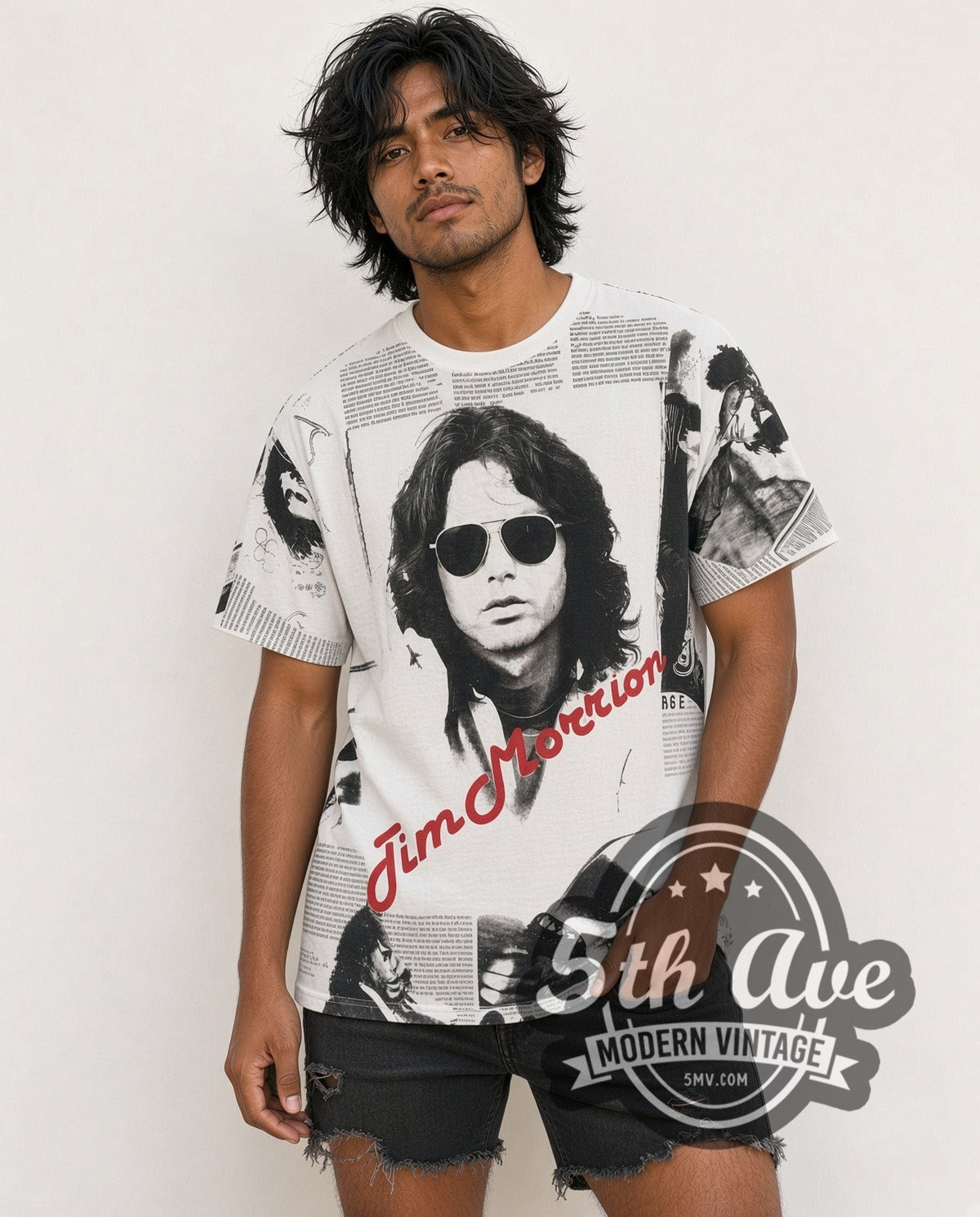 Model wearing The Doors Jim Morrison Newspaper all-over-print vintage band t-shirt