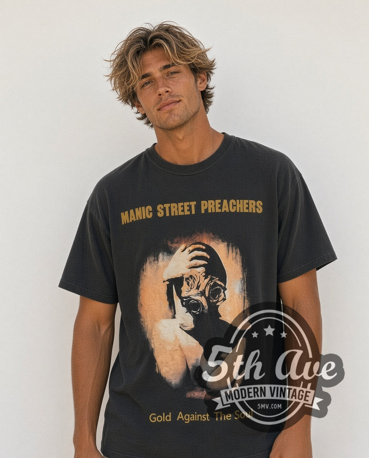 Model wearing the Manic Street Preachers Gold Against the Soul vintage band t-shirt in black