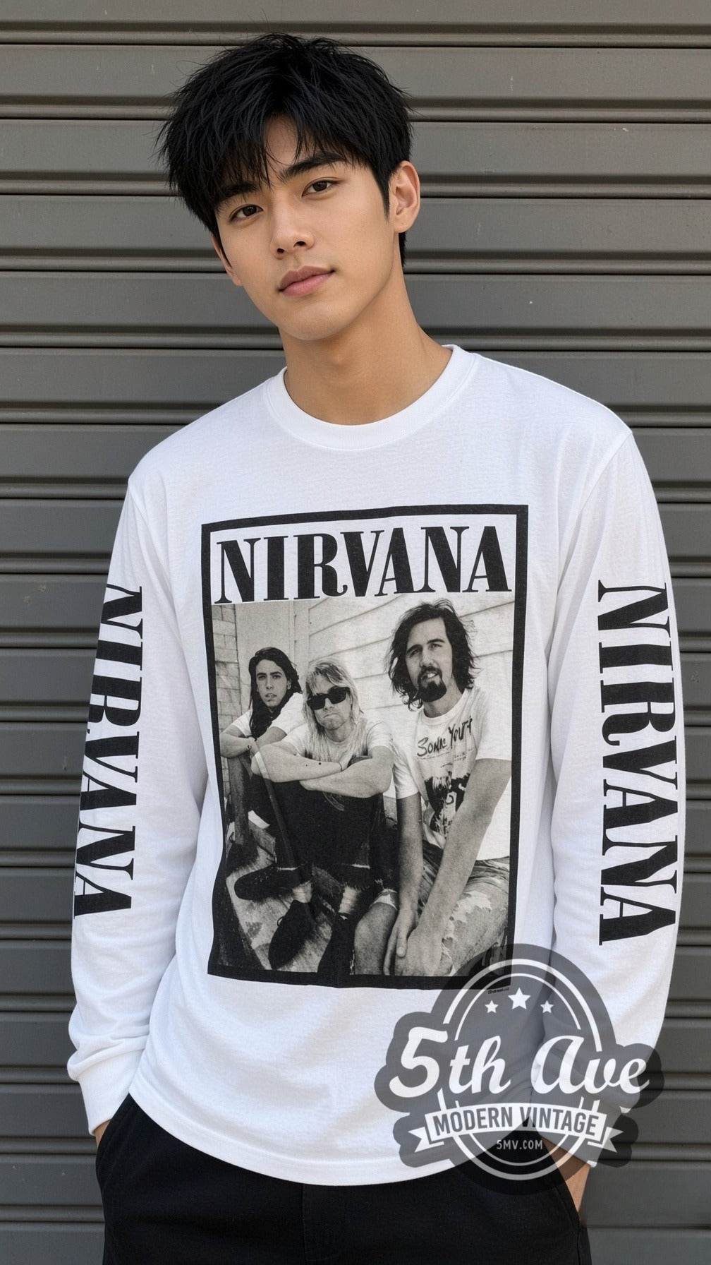 Model wearing the Nirvana Seated Trio vintage band long sleeve t-shirt