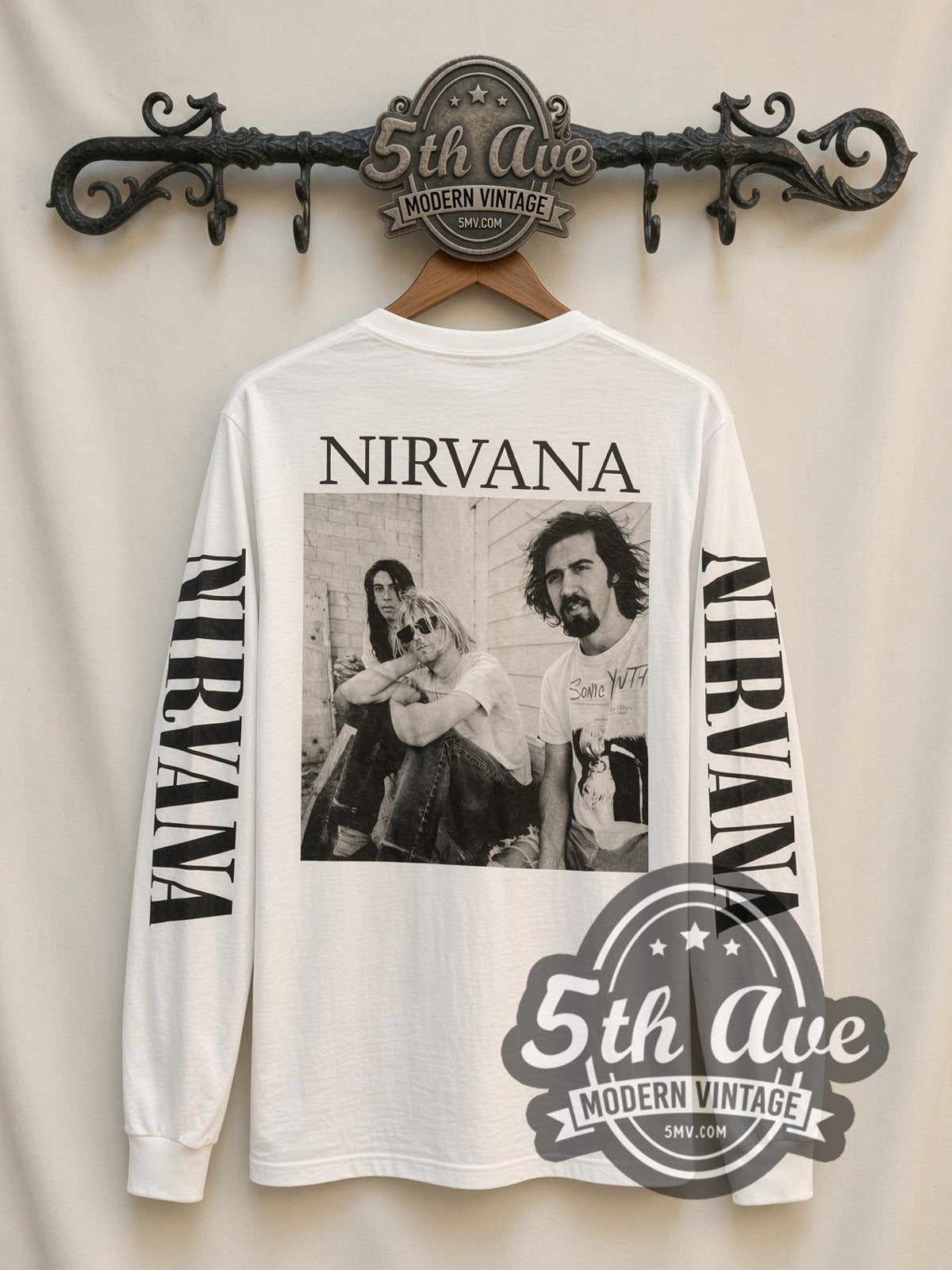 Nirvana Seated Trio vintage band long sleeve t-shirt, back view on a display rack