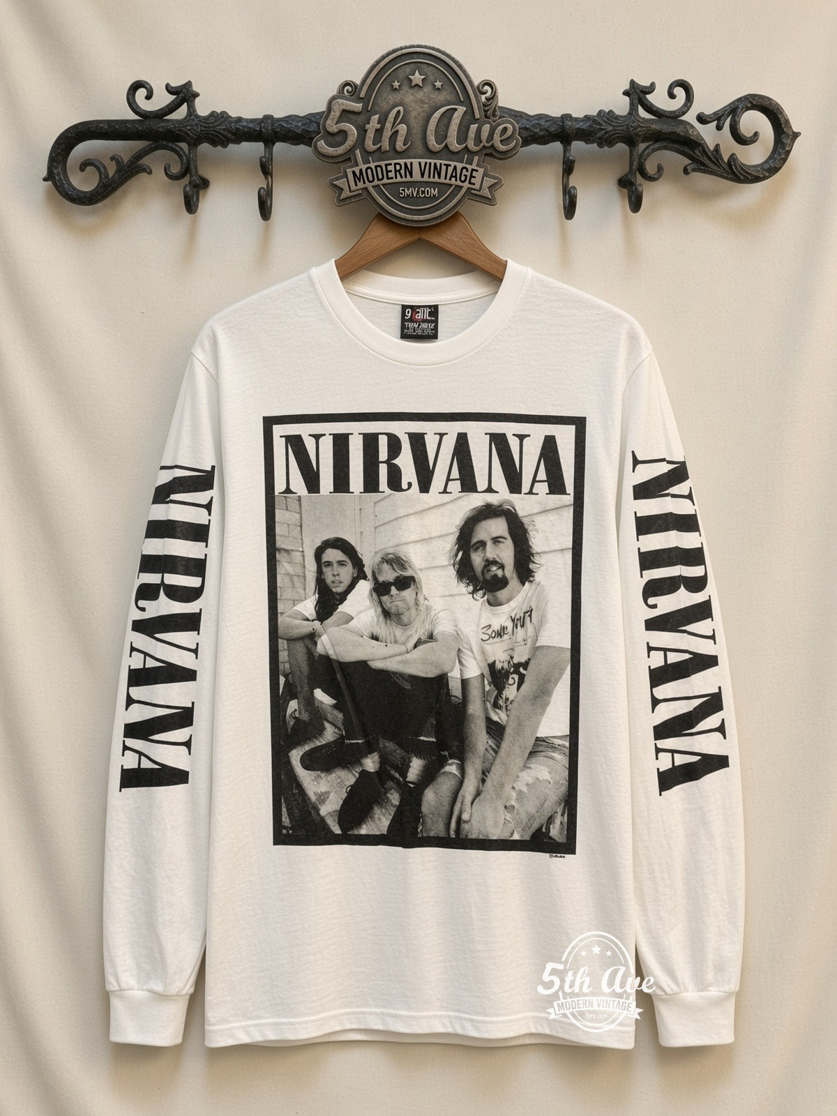 ETS LS 61 Nirvana Seated Trio long sleeve vintage tee on rack, front