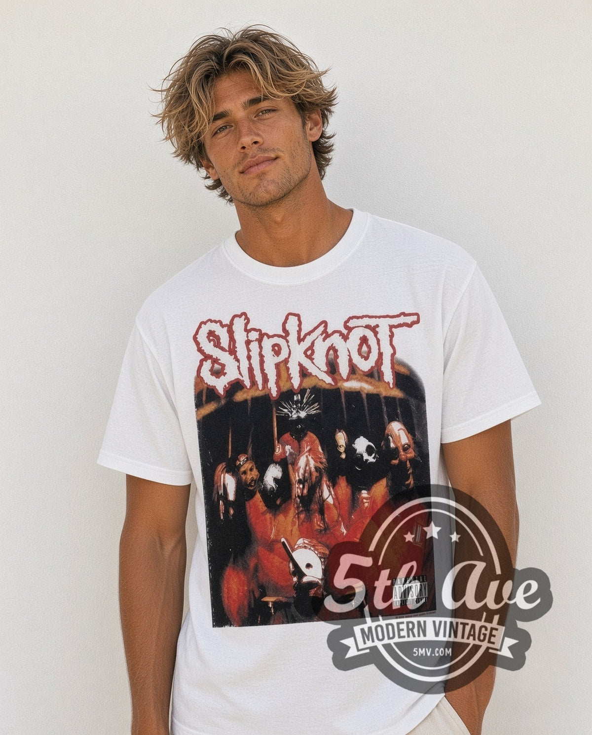 Model wearing the Slipknot Group Photo vintage band t-shirt in white