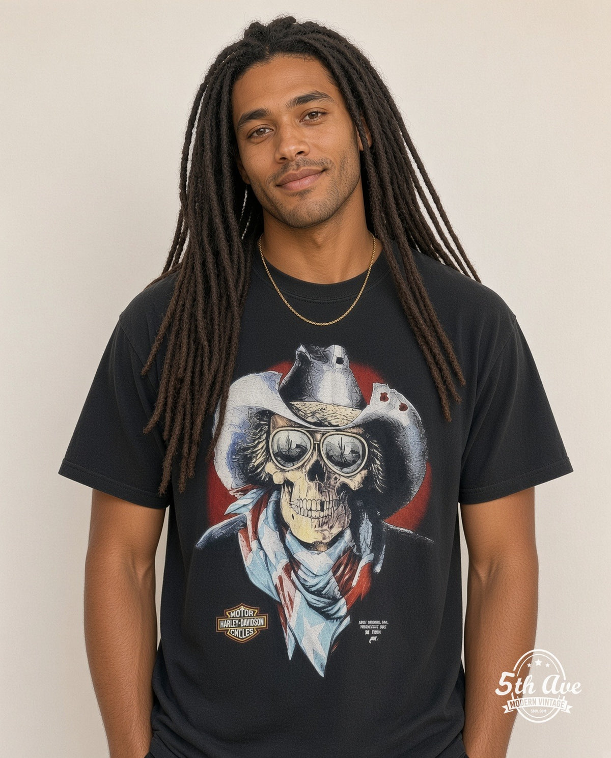 Model wearing the Harley-Davidson Zepka Inc Johnstown vintage Harley tee in black