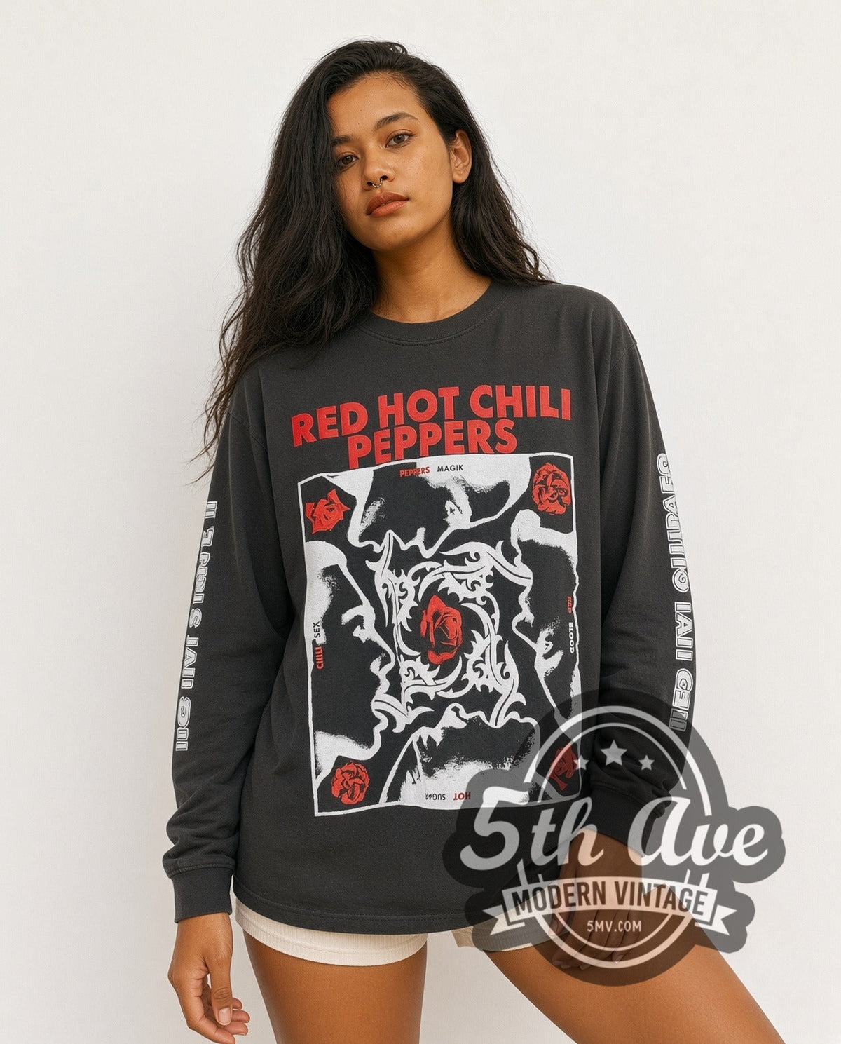 Model wearing the Red Hot Chili Peppers Blood Sugar Sex Magik Red Circle Asterisk Long Sleeve vintage band t-shirt in black
