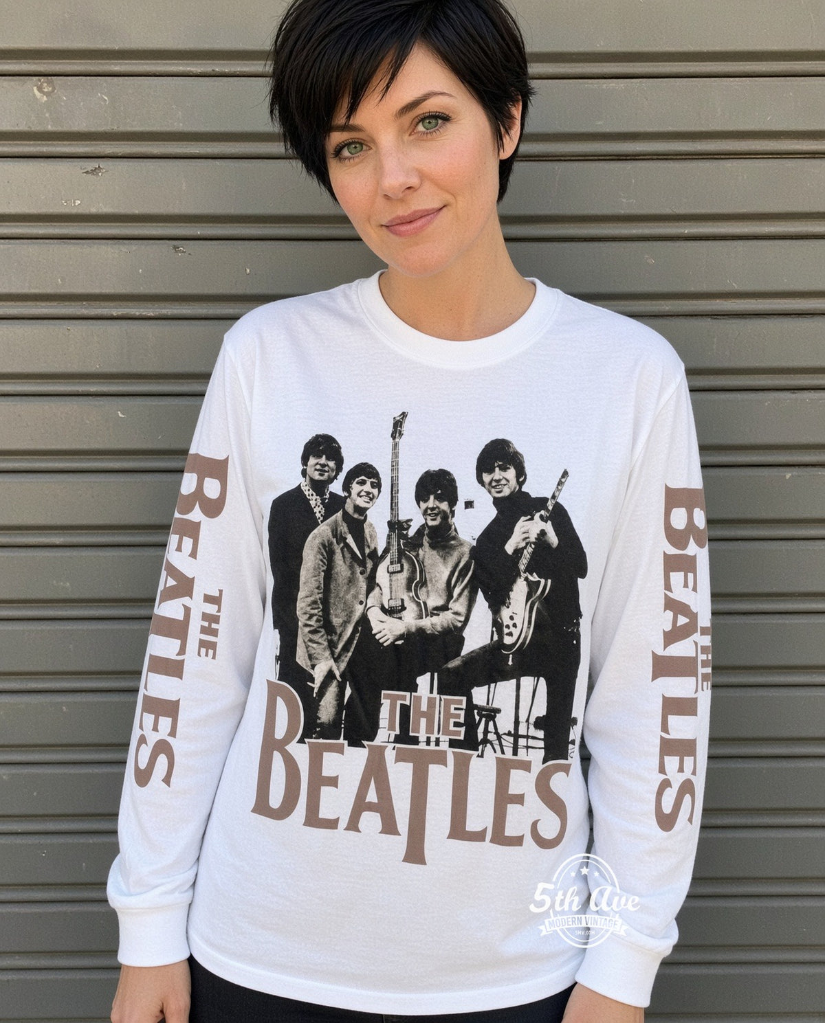 ETS LS 62 The Beatles Band Photo long sleeve vintage tee worn by a model
