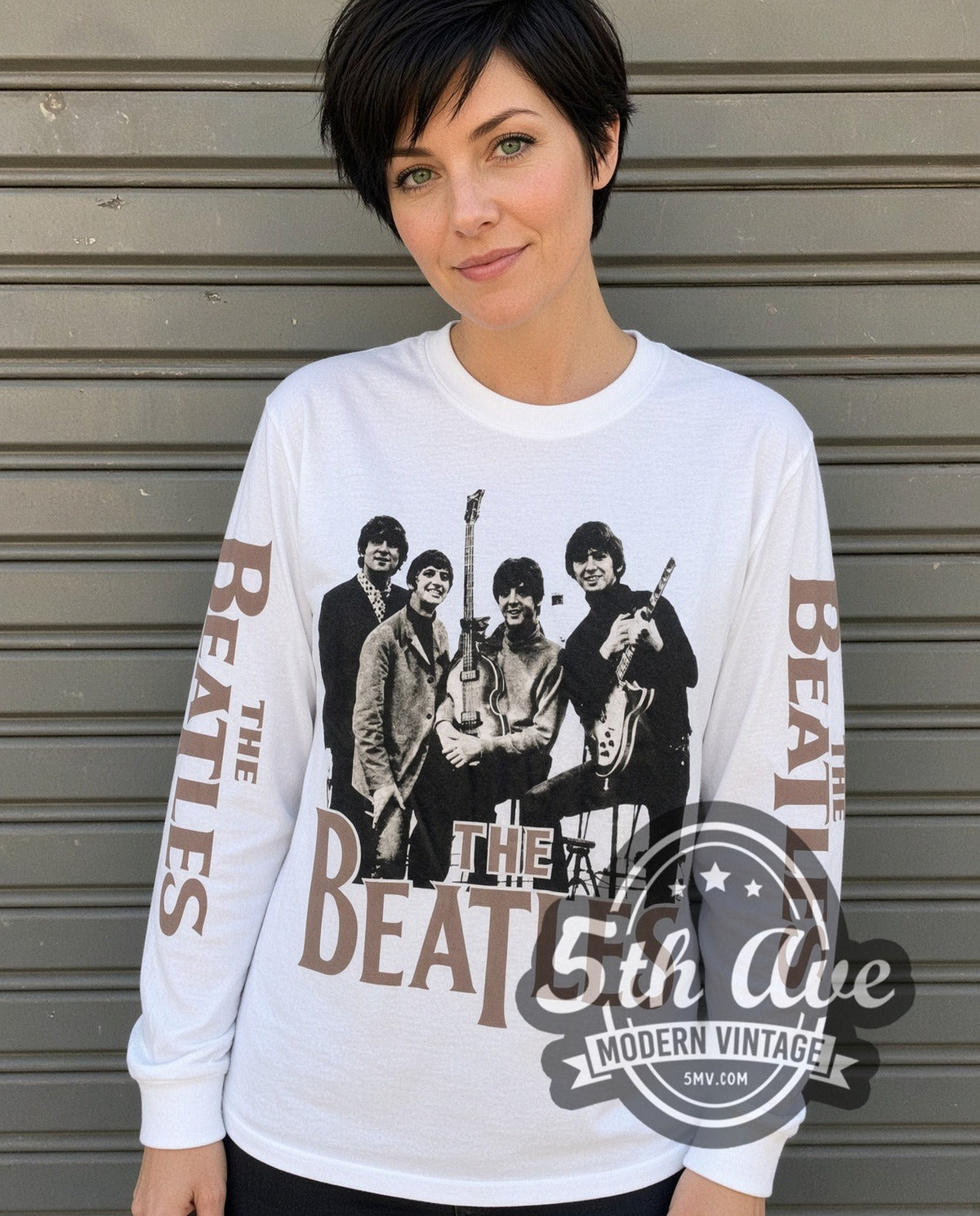 Model wearing The Beatles Band Photo vintage band long sleeve t-shirt
