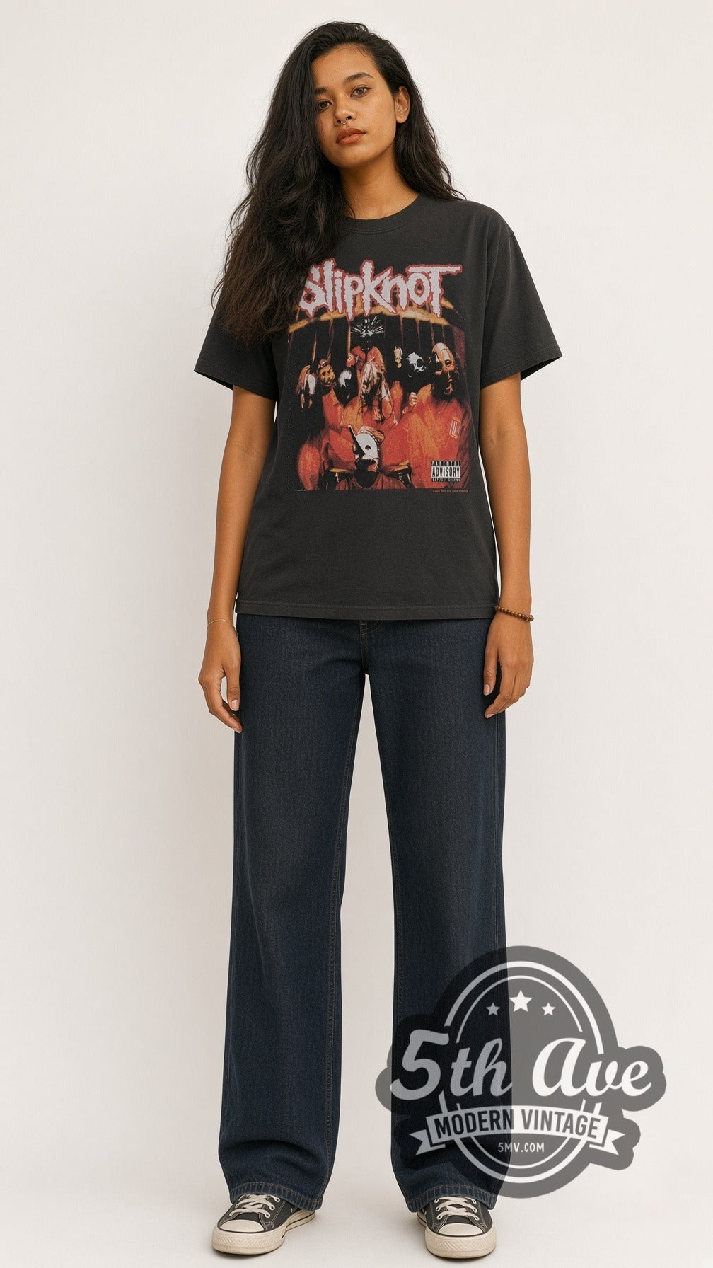 Model wearing the Slipknot Group Photo vintage band t-shirt in black