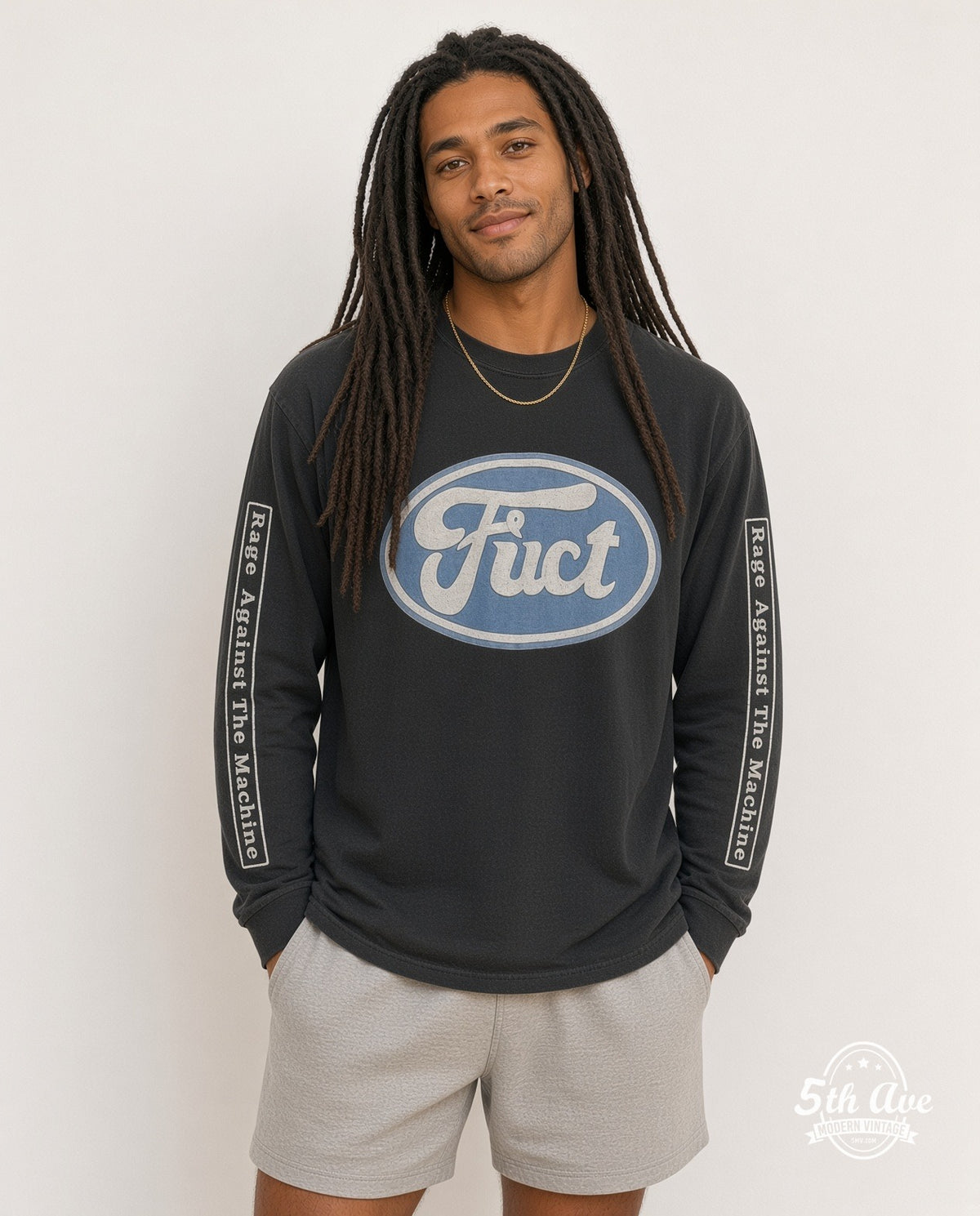 Model wearing the Rage Against the Machine x FUCT Ford Oval vintage band t-shirt in black