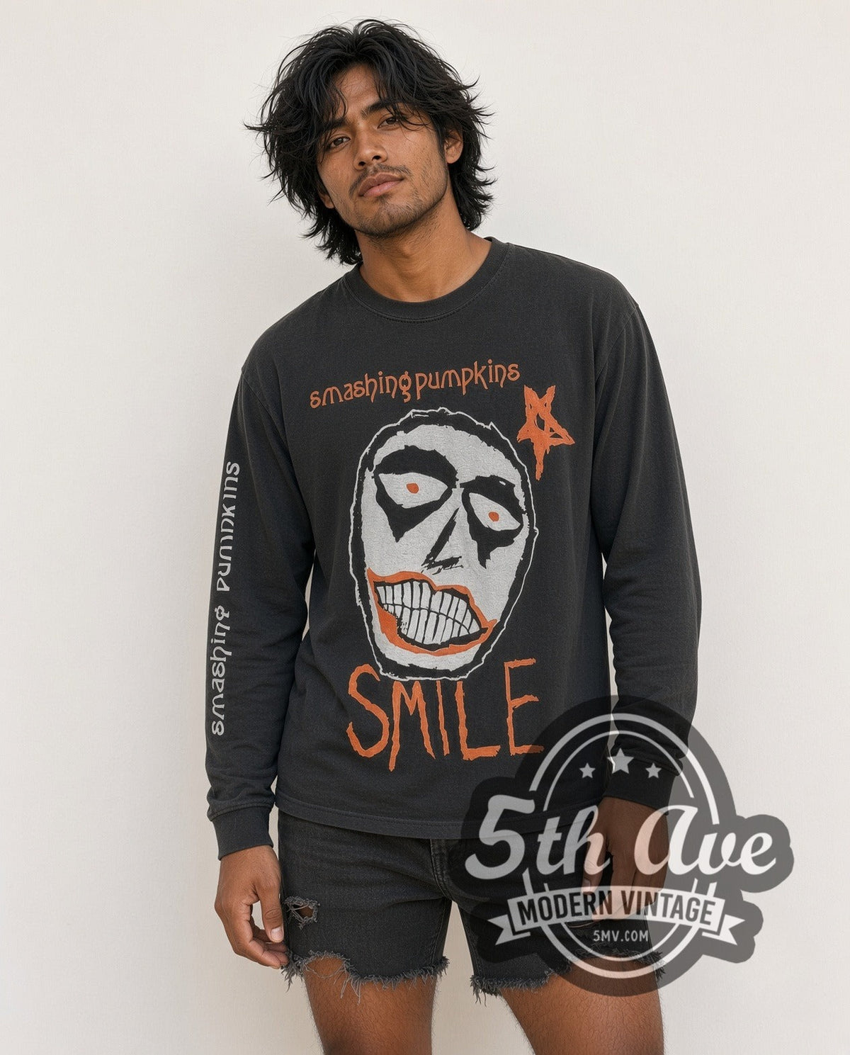 Model wearing The Smashing Pumpkins Smile vintage band long sleeve t-shirt