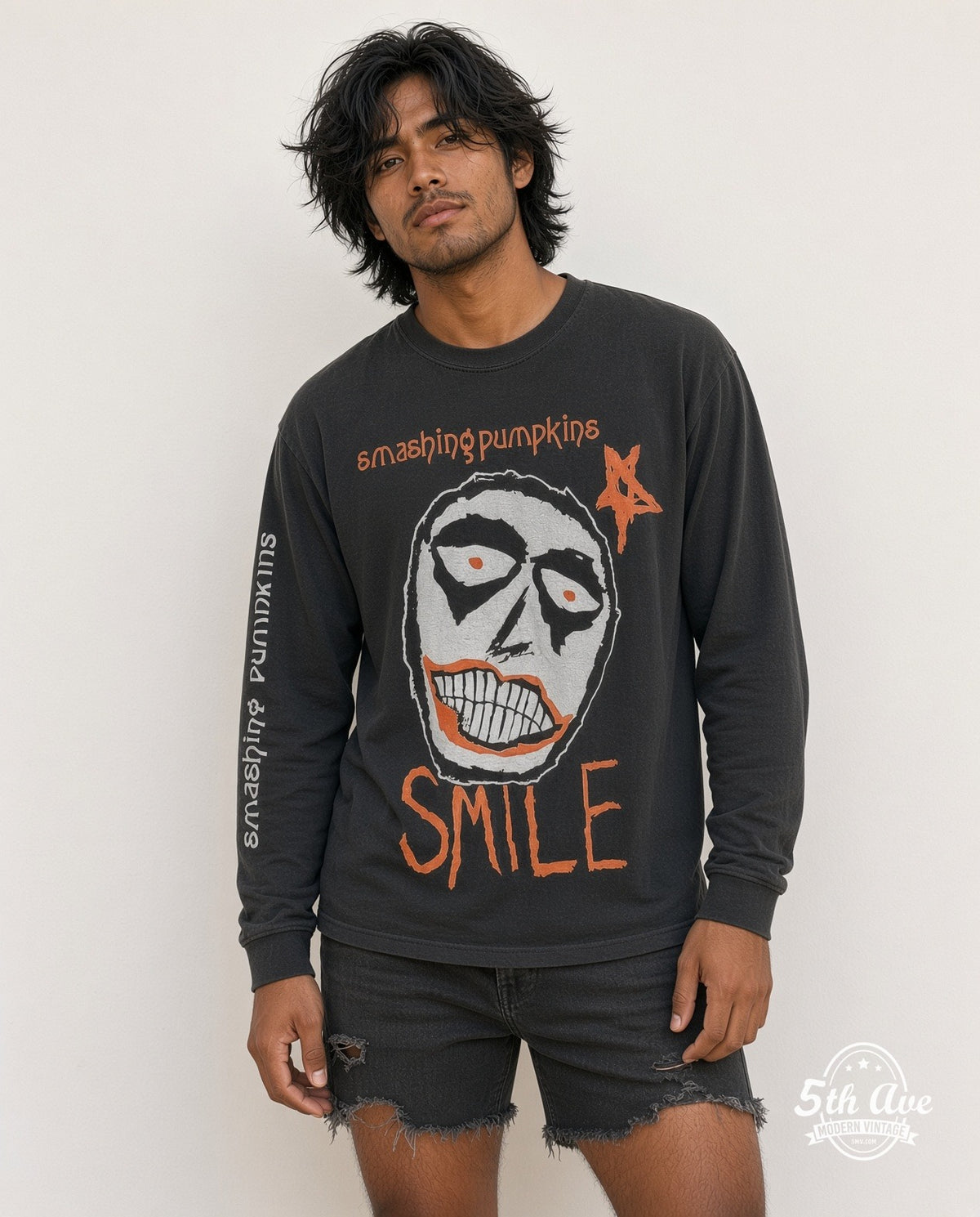 Model wearing The Smashing Pumpkins Smile vintage band t-shirt in black