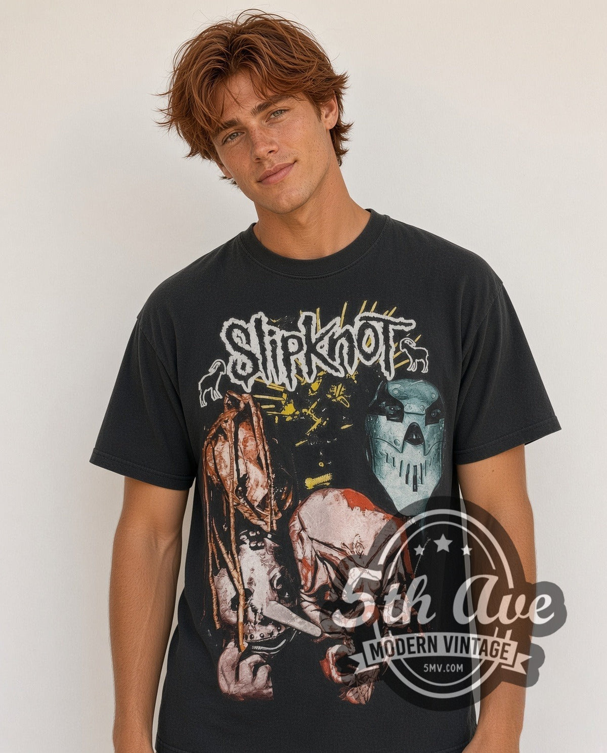 Model wearing the Slipknot Iowa Masks vintage band t-shirt in black