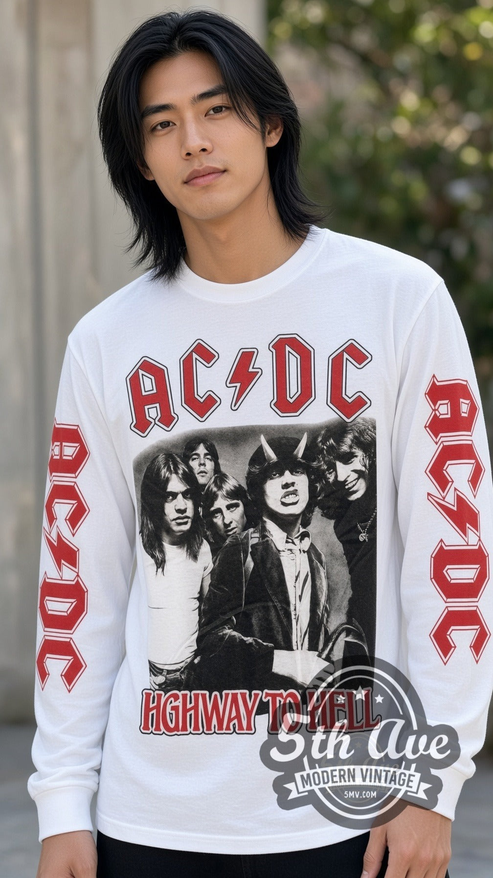 Model wearing the AC/DC Highway to Hell vintage band long sleeve t-shirt