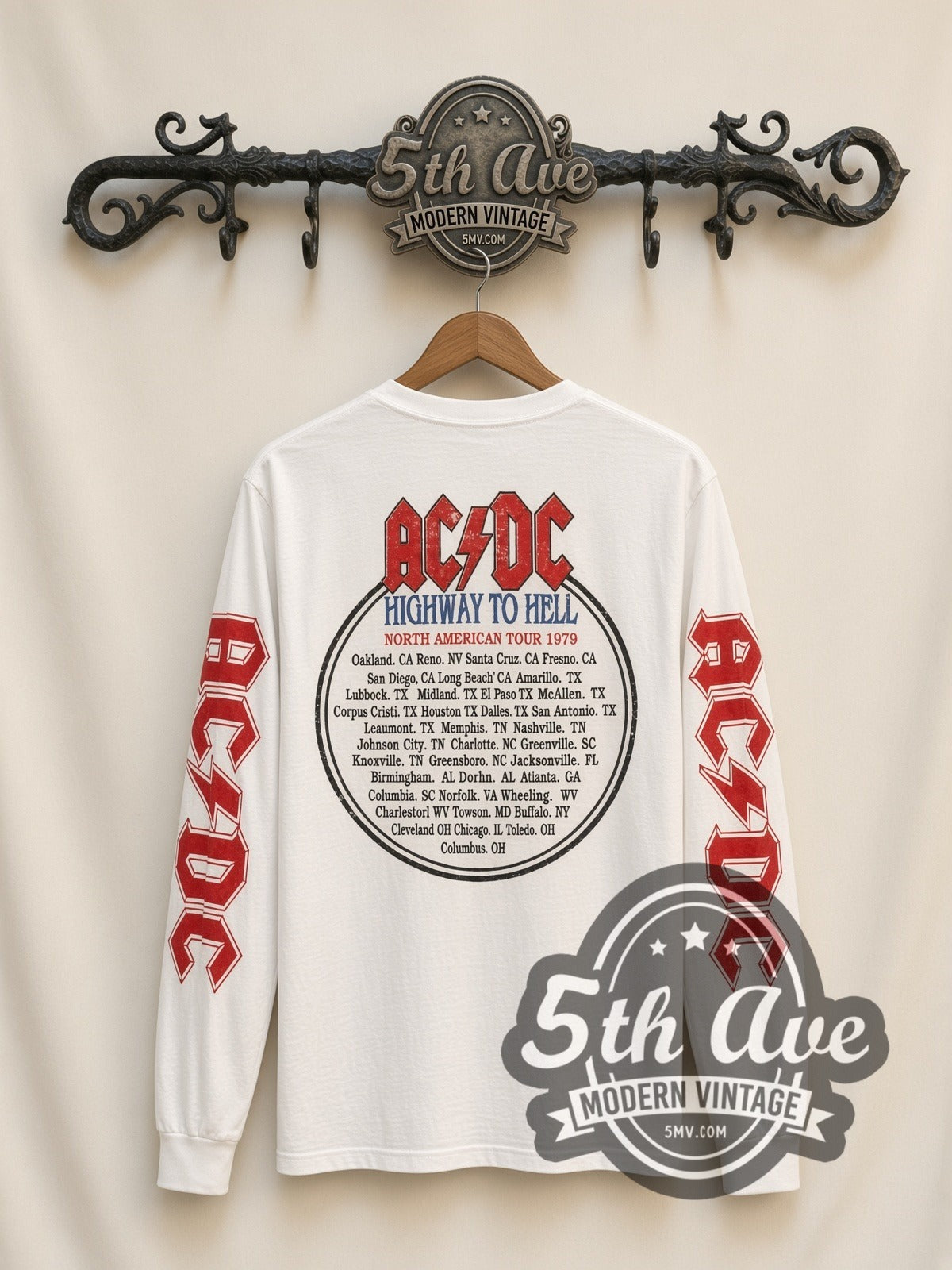 AC/DC Highway to Hell vintage band long sleeve t-shirt, back view on a display rack