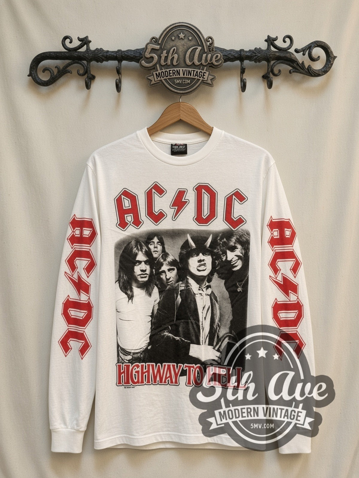 AC/DC Highway to Hell vintage band long sleeve t-shirt, front view on a display rack