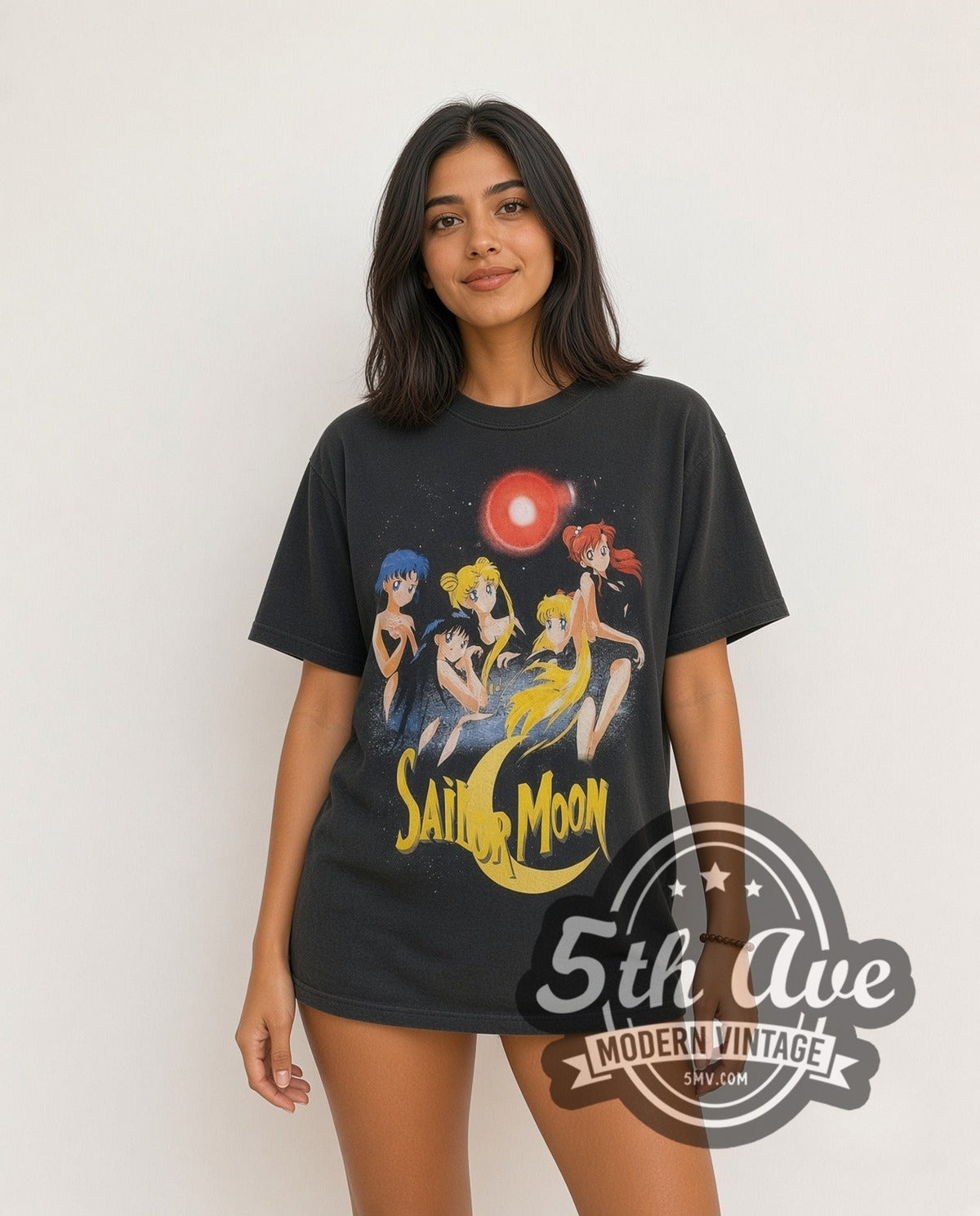 Model wearing the Sailor Moon Five Sailor Guardians Transform vintage anime t-shirt