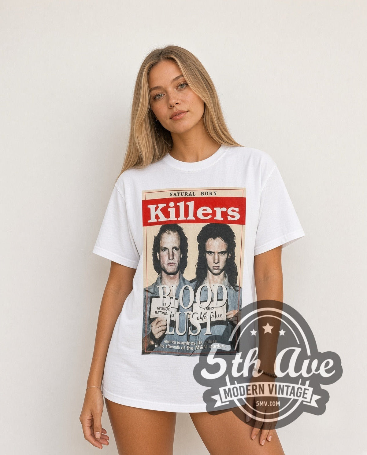 Model wearing the Natural Born Killers Blood Lust Soundtrack vintage movie t-shirt